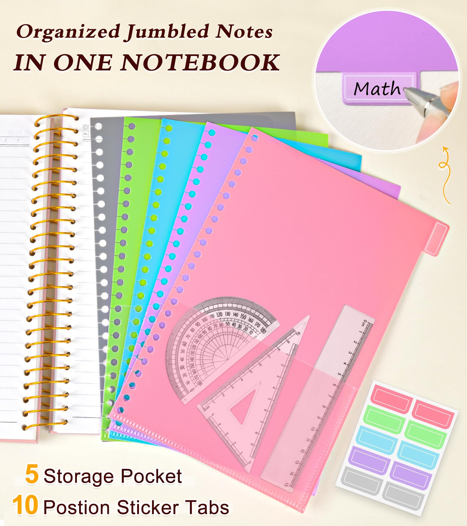 5-Subject Spiral Notebook, College Ruled Hardcover Notebook with Removable Pocket Dividers - 240 Lined Pages, 6x8.5 Inch A5 Size - Perfect for School, Office, Work & Note Taking - Ideal Gift for Students & Professionals (Pink)