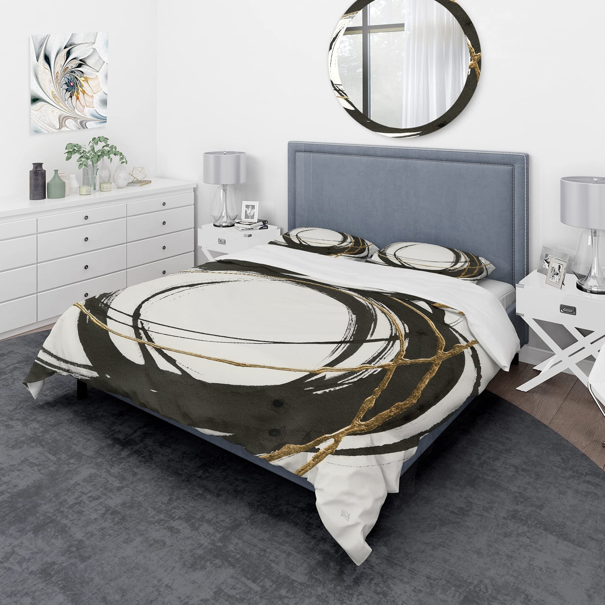 DesignQ Gold Glamour Circle III Modern Duvet Cover Set - King Size Black Abstract Bedding 3-Piece Set | All Season Contemporary Luxury Bedding for Master Bedroom & Guest Room Decor