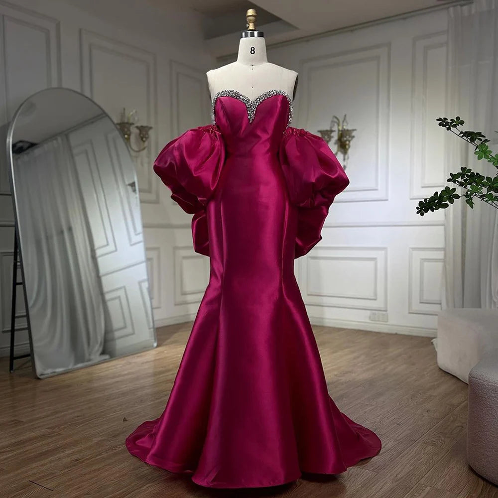Serene Hill Fuchsia Mermaid Mikado Satin Balloon Sleeve Evening Gown for Women - Elegant Wedding Party Dress 2025 LA71923 | Perfect for Prom, Bridesmaid, and Formal Events