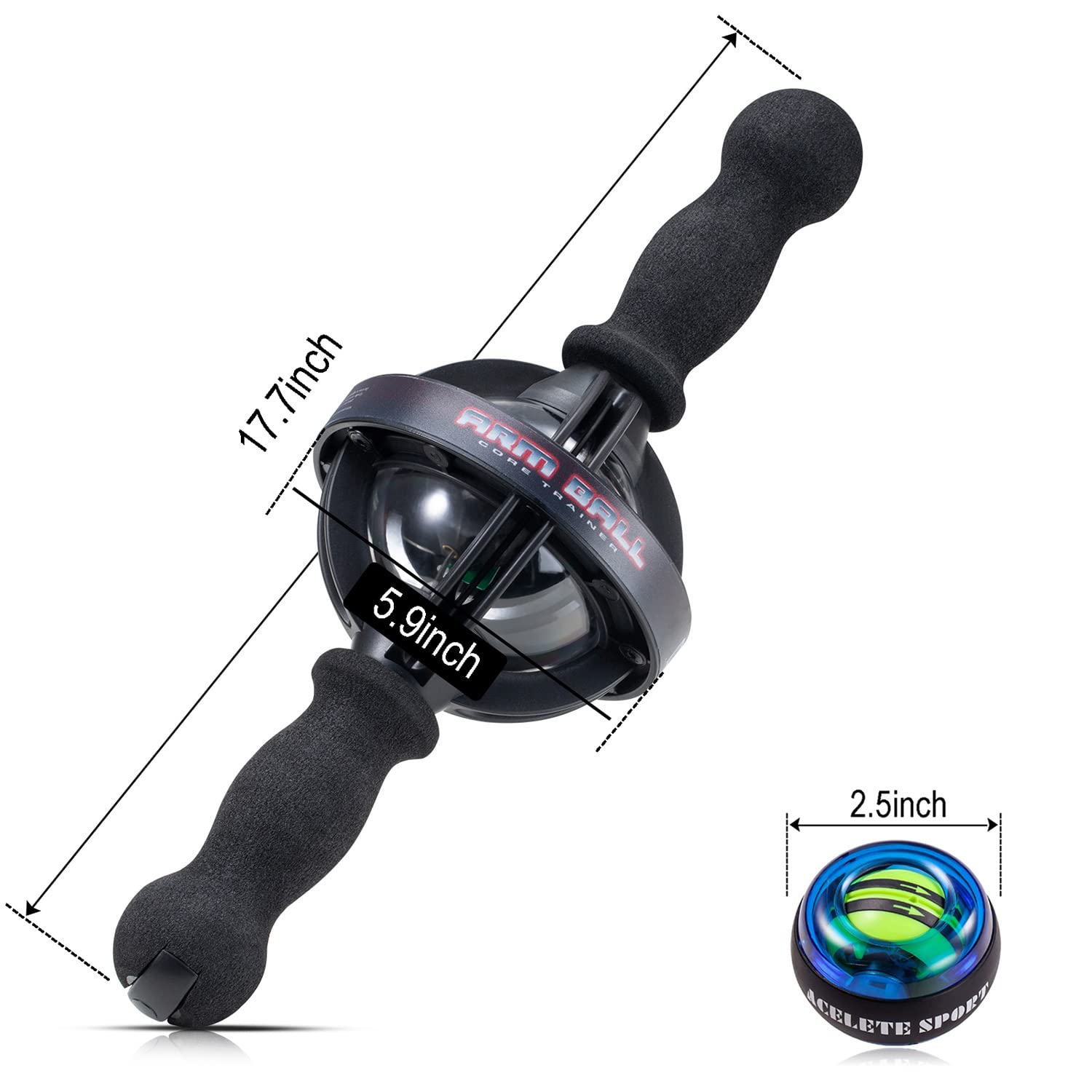 Gyro Ball Core Trainer with Handle - Arm & Forearm Strengthener for Muscle & Bone Strength - LED Light for Fitness & Rehabilitation Training
