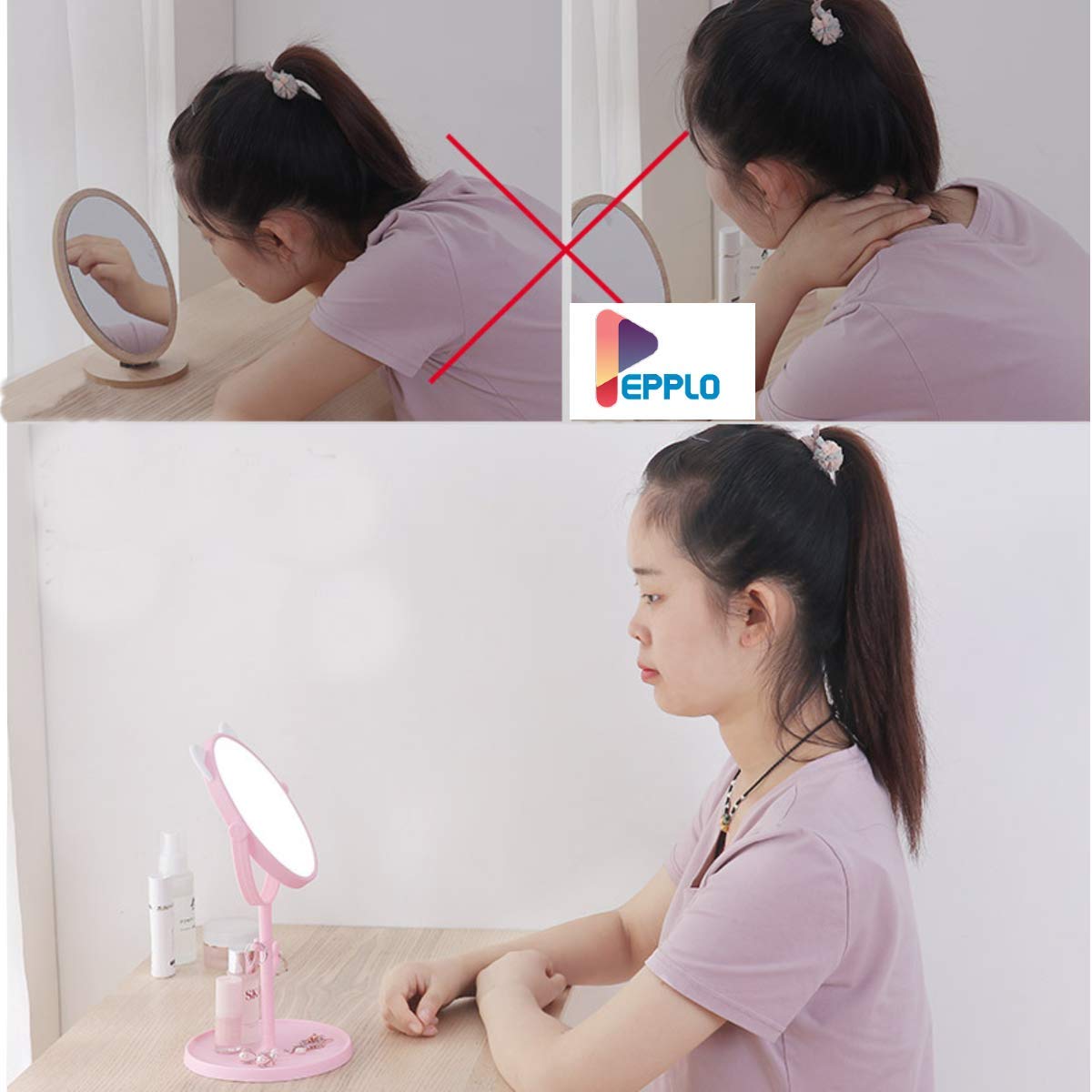 Pepplo White Round Framed Glass Tabletop Cat Shape Makeup Mirror - Adjustable Rotating Vanity Mirror for Bathroom, Bedroom & Dressing Table (Free Standing, 1 Piece) - Perfect for Makeup, Shaving & Home Decor