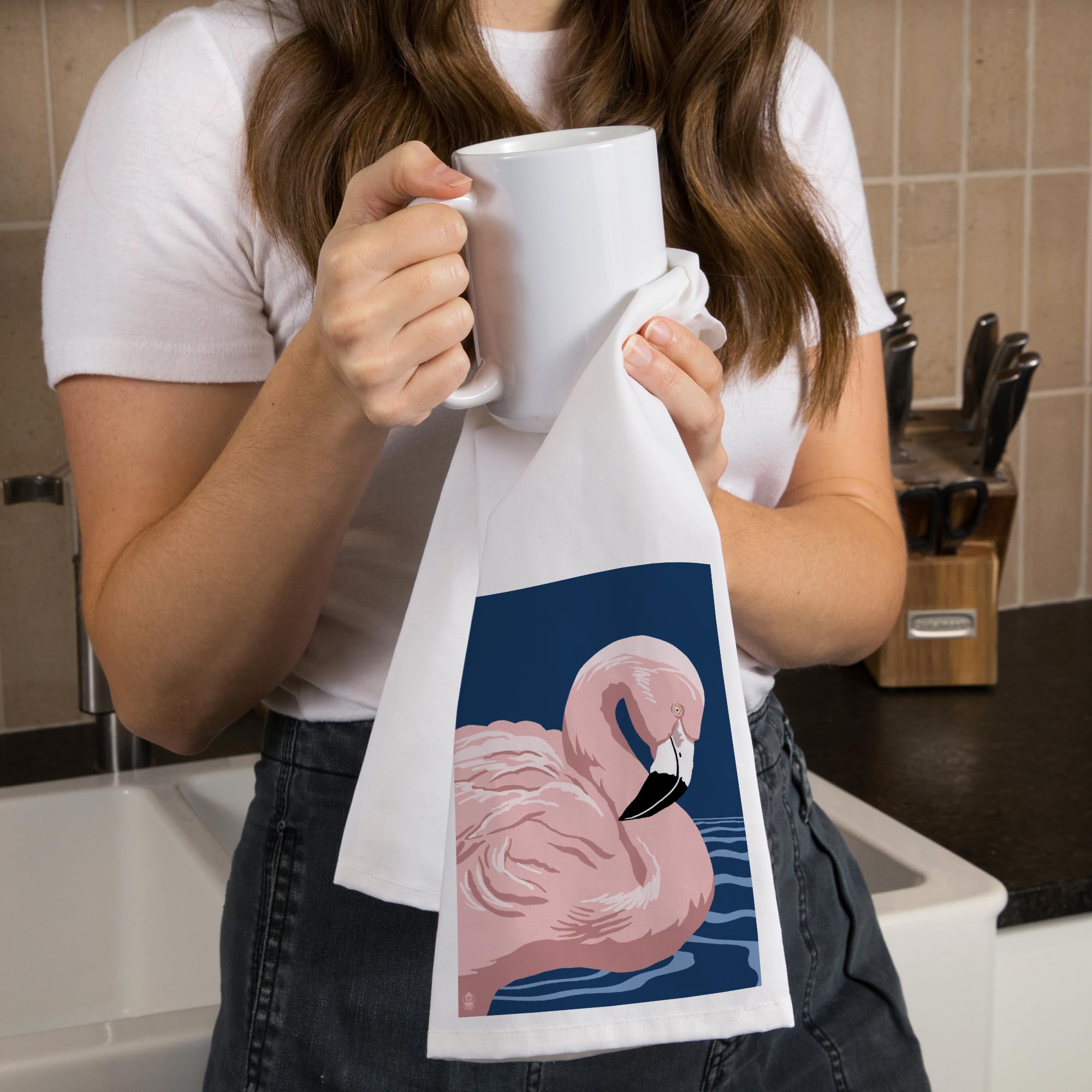 Lantern Press Flamingo Solo 100% Cotton Tea Towel - Decorative Hand Towel for Kitchen & Home Decor | Perfect for Drying Dishes, Gift Giving & Coastal Themed Decor