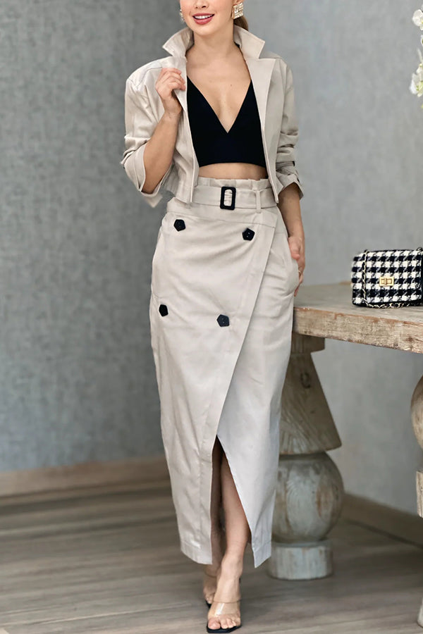 Elegant Work Style Lapel Long Sleeve Blazer & Button Belt Pocketed Slit Midi Skirt Set - Professional Office Outfit for Women | Business Casual Attire for Work, Meetings & Formal Events