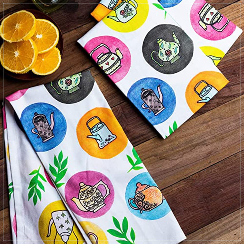 Printed Cotton Kitchen Towels Set of 3 - Super Absorbent & Soft for Dishes & Tea
