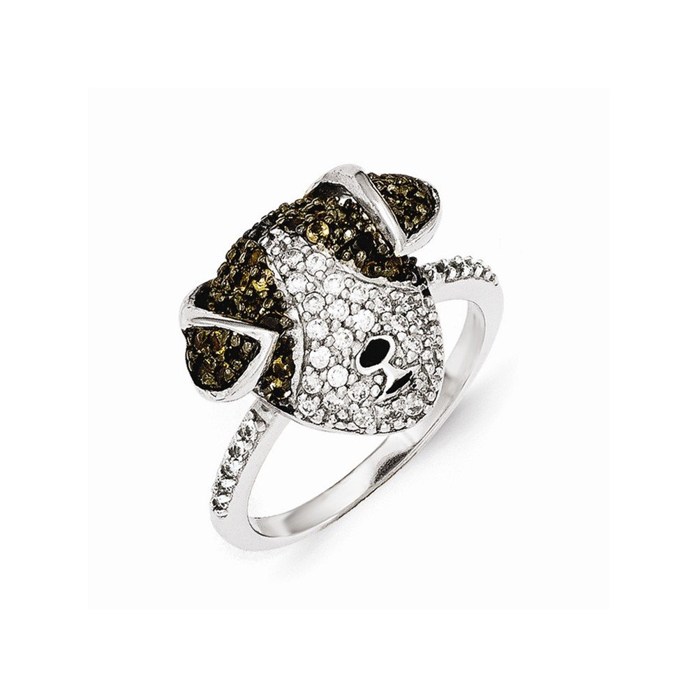 925 Sterling Silver Enameled CZ Cubic Zirconia & Chocolate Brown Smoky Quartz Dog Lover Ring - Perfect for Pet Anniversary Gifts, Valentine's Day & Special Occasions