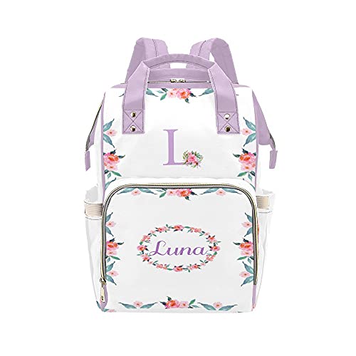 White & Purple Floral Diaper Backpack - Personalized Waterproof Baby Bag for Moms, Nursing & Travel Essentials - Perfect Baby Shower Gift & Stylish Tote for Women