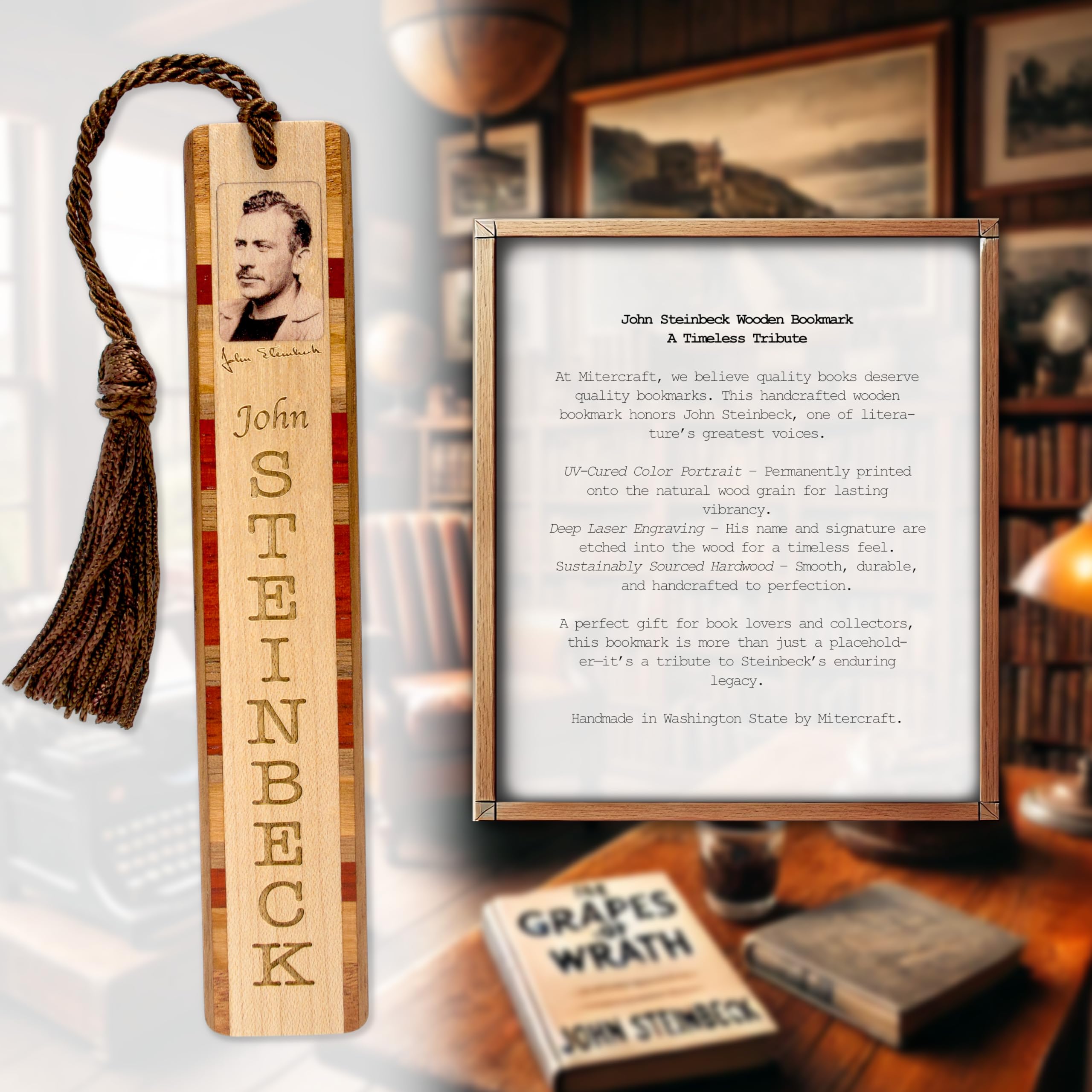 John Steinbeck Signature Engraved Wooden Bookmark - Personalized Literary Gift - Handmade in USA - Perfect for Book Lovers, Graduation Gifts & Collector's Items
