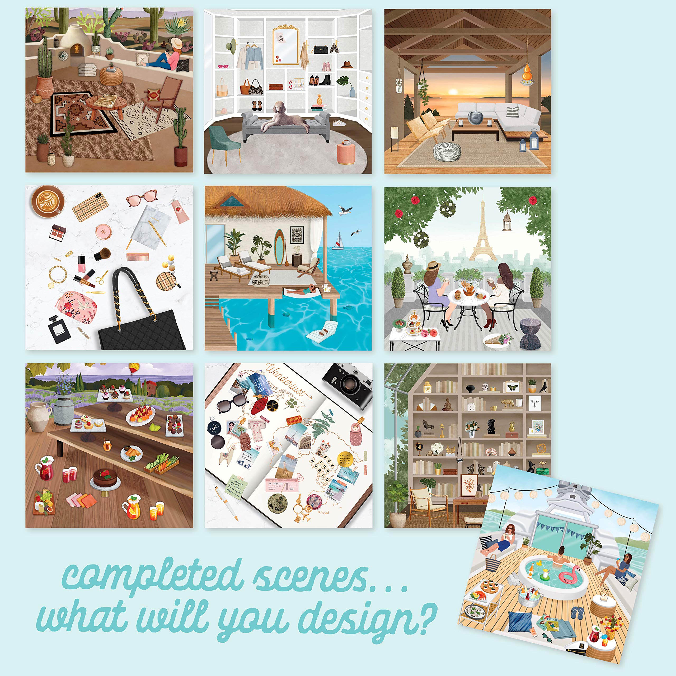 Sticker & Chill Sticker Book for Adults - 700+ Repositionable Colorful Stickers with 10 Spiral Bound Scene Pages | Stress Relieving Creative Activity | Perfect for Art Therapy, Journaling & Relaxation at Home or Office