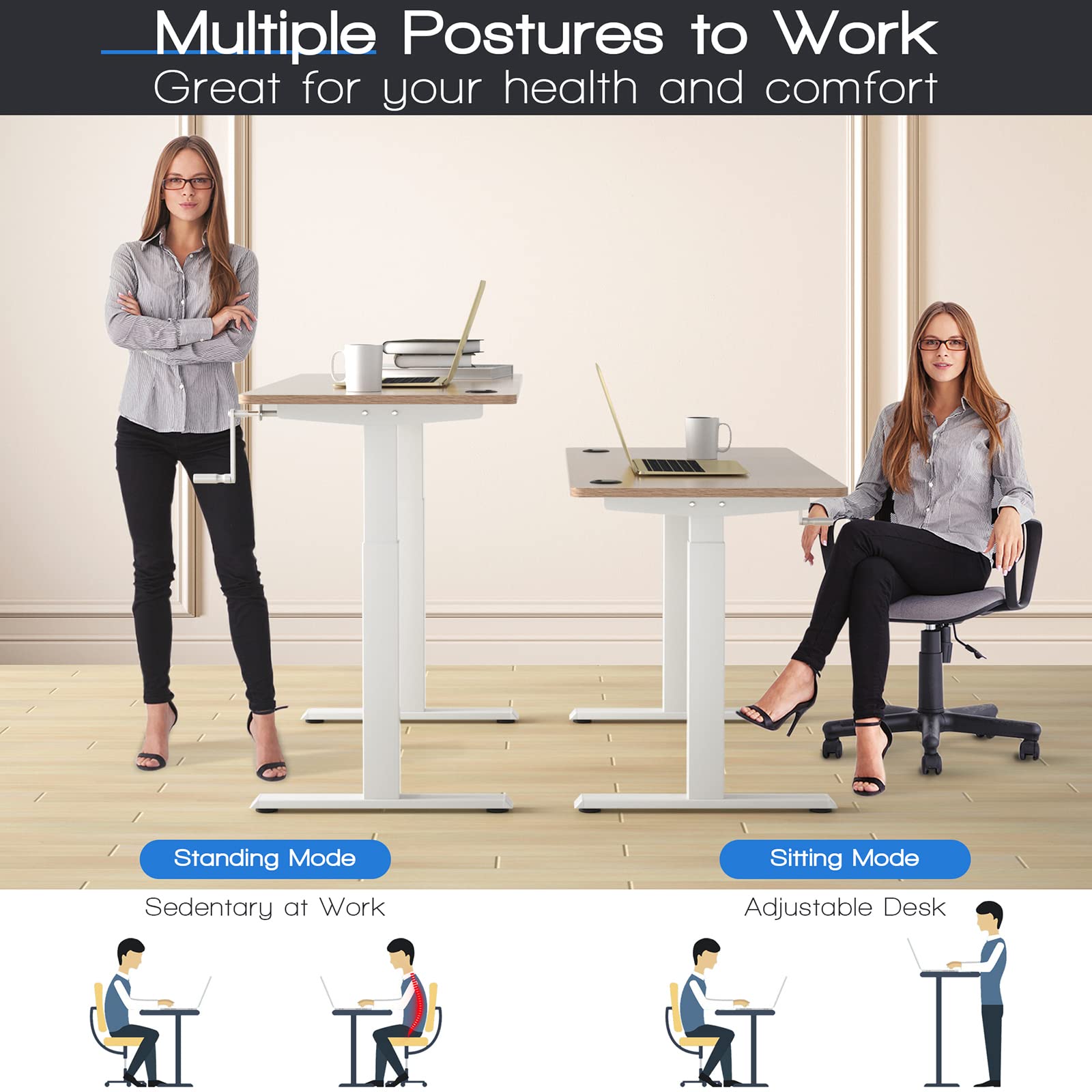 COSTWAY Manual Crank Standing Desk Frame - Adjustable Sit to Stand Workstation Base with Ergonomic Foldable Handle, Cable Management & Hook | Home Office, Study, Workspace (White)