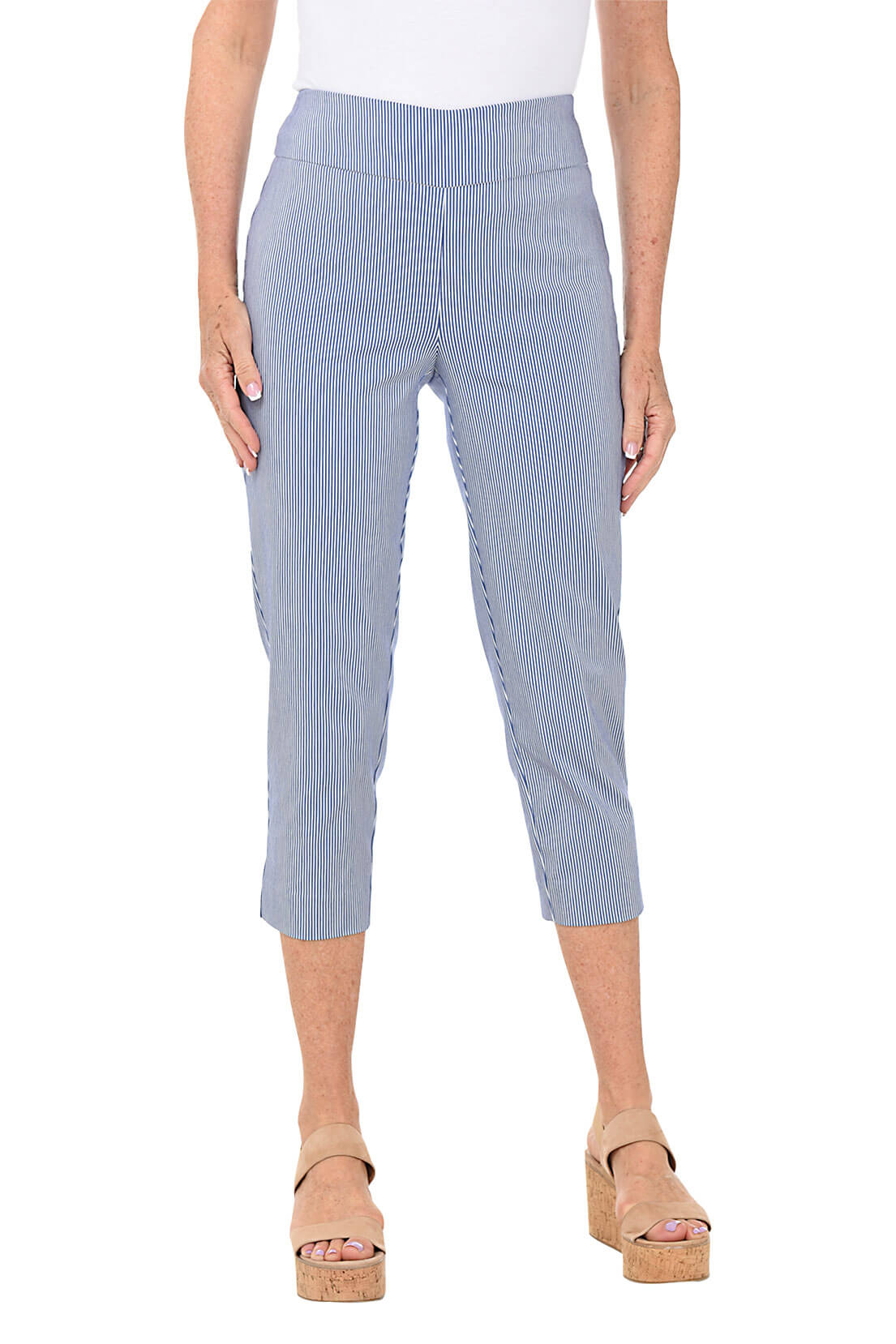 Women's Striped Pull-On Capri Pants - Comfortable Stretch Ankle Pants for Casual Wear, Yoga & Travel