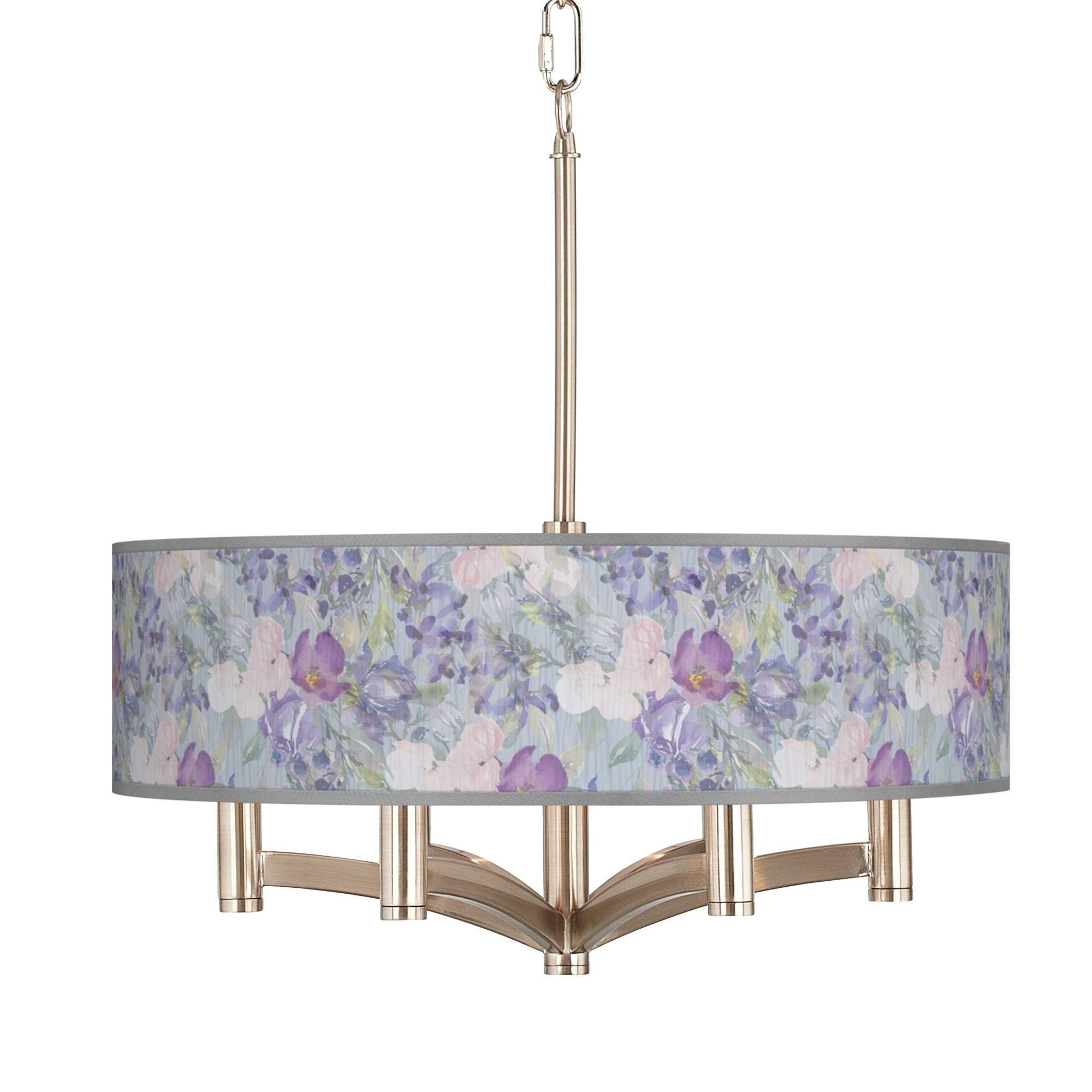 Spring Flowers Ava 6-Light Nickel Pendant Chandelier with Printed Fabric Shade - Modern Dining Room Lighting Fixture for Kitchen Island & Entryway