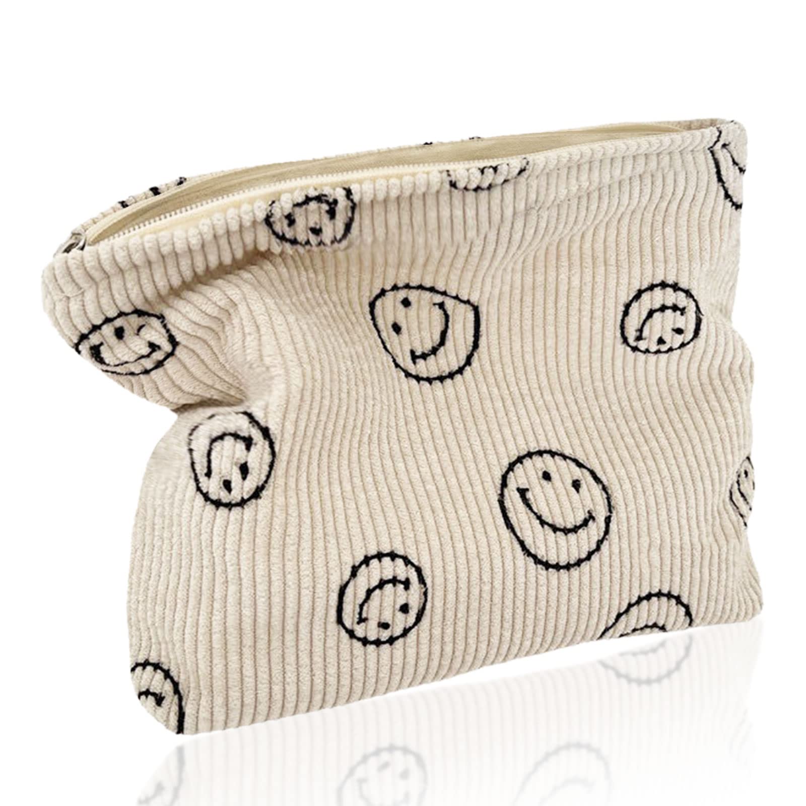 TSHAOUN Travel Toiletry Bag for Women - Smile Print Corduroy Cosmetic Organizer, Mini Makeup Bag for Girls (White) | Perfect for Travel, Gym, and Daily Essentials Storage