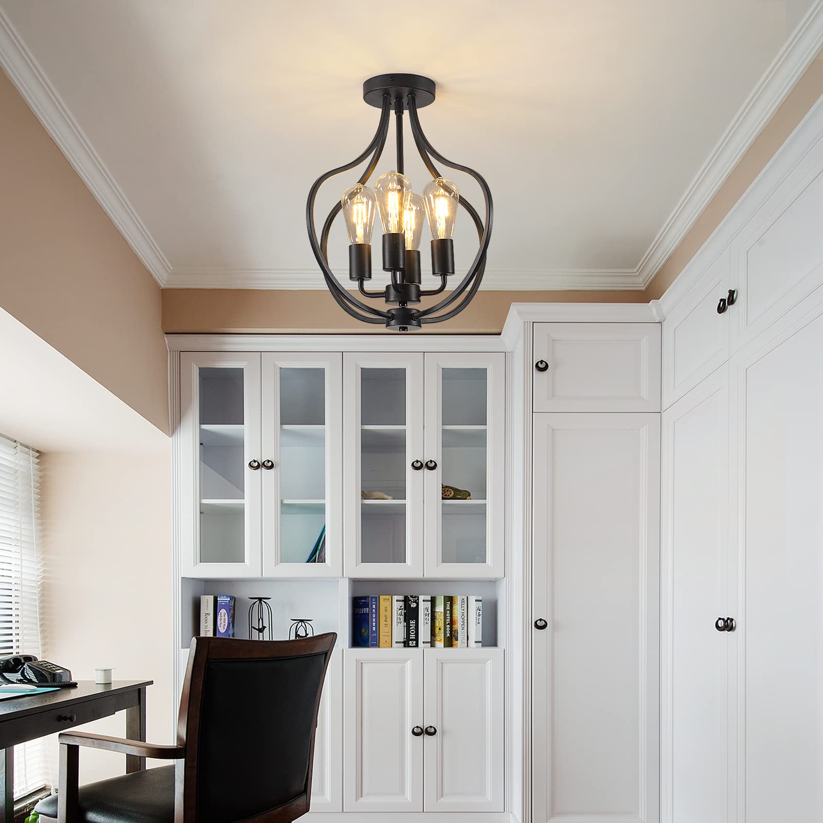 4-Light Modern Semi Flush Mount Ceiling Fixture - Farmhouse Black Chandelier with Industrial Style - Perfect for Kitchen Island, Dining Room, Bedroom, Living Room, Foyer, Entryway & Hallway Lighting - Ideal for Home, Office, Restaurant and Commercial Spaces