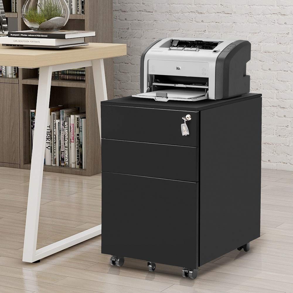 3-Drawer Mobile File Cabinet with Lock - Rolling Under Desk Storage Organizer, Fully Assembled Black File Cabinet for Office, Home & School Use