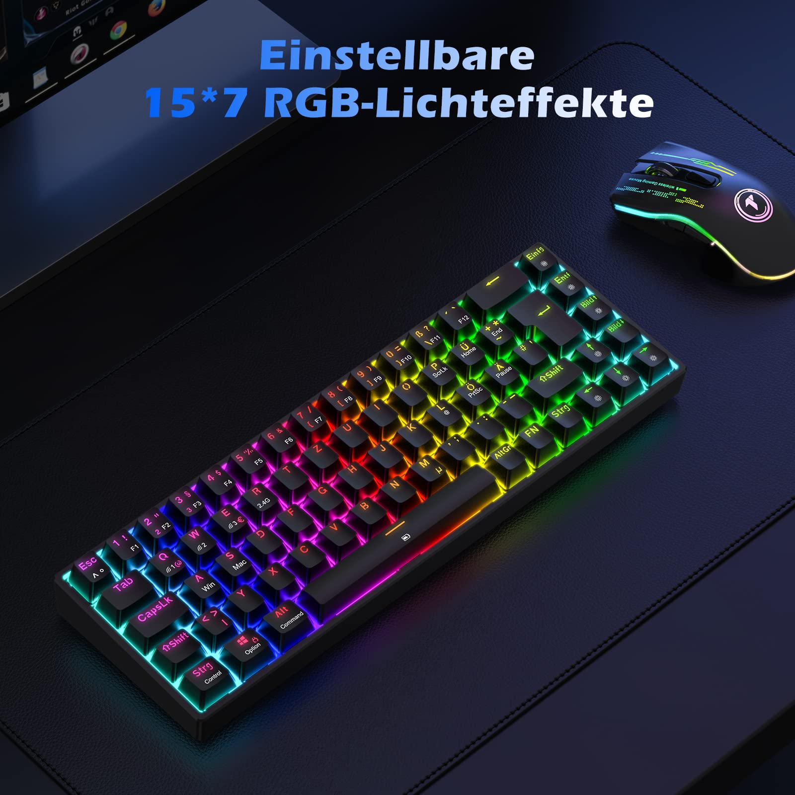 TECURS Wireless Mechanical Gaming Keyboard - RGB Backlit, 65% TKL Compact Design with Red Switches | German QWERTZ Layout for PC, PS4, PS5, Xbox One & Laptop | Perfect for Gaming, Office Work & Typing | Black
