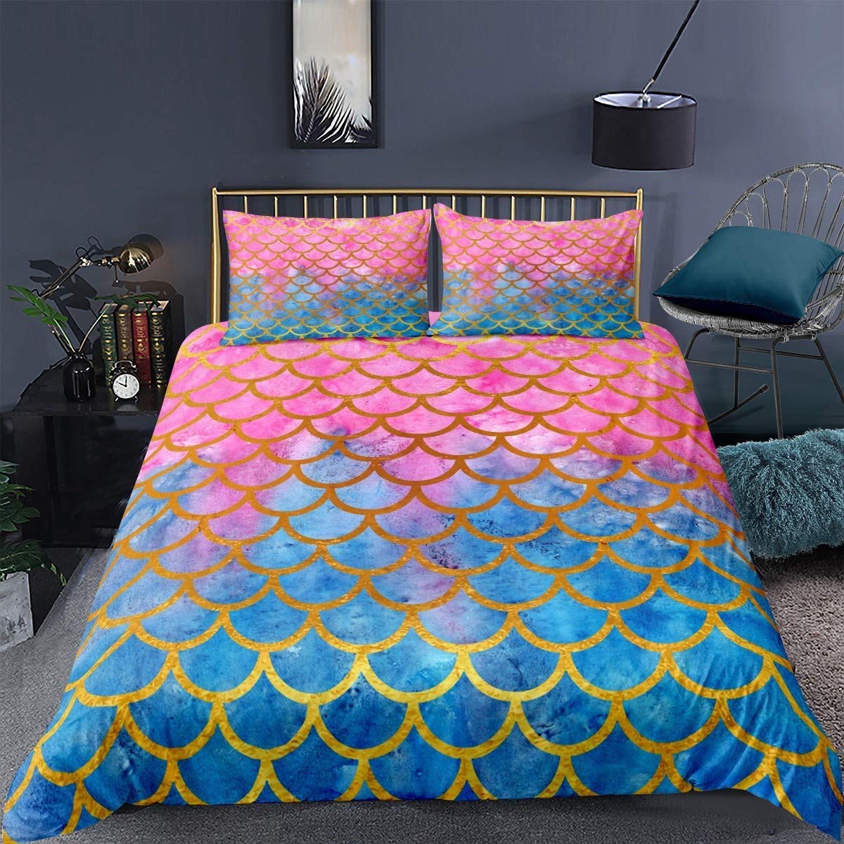 **Feelyou Pink & Blue Mermaid Scales Duvet Cover Set - Twin Size for Kids & Girls, Soft Microfiber Polyester Bedding Set with 1 Pillow Sham (2-Piece) - Perfect for Kids' Bedrooms, Themed Sleepovers & Mermaid Lovers**