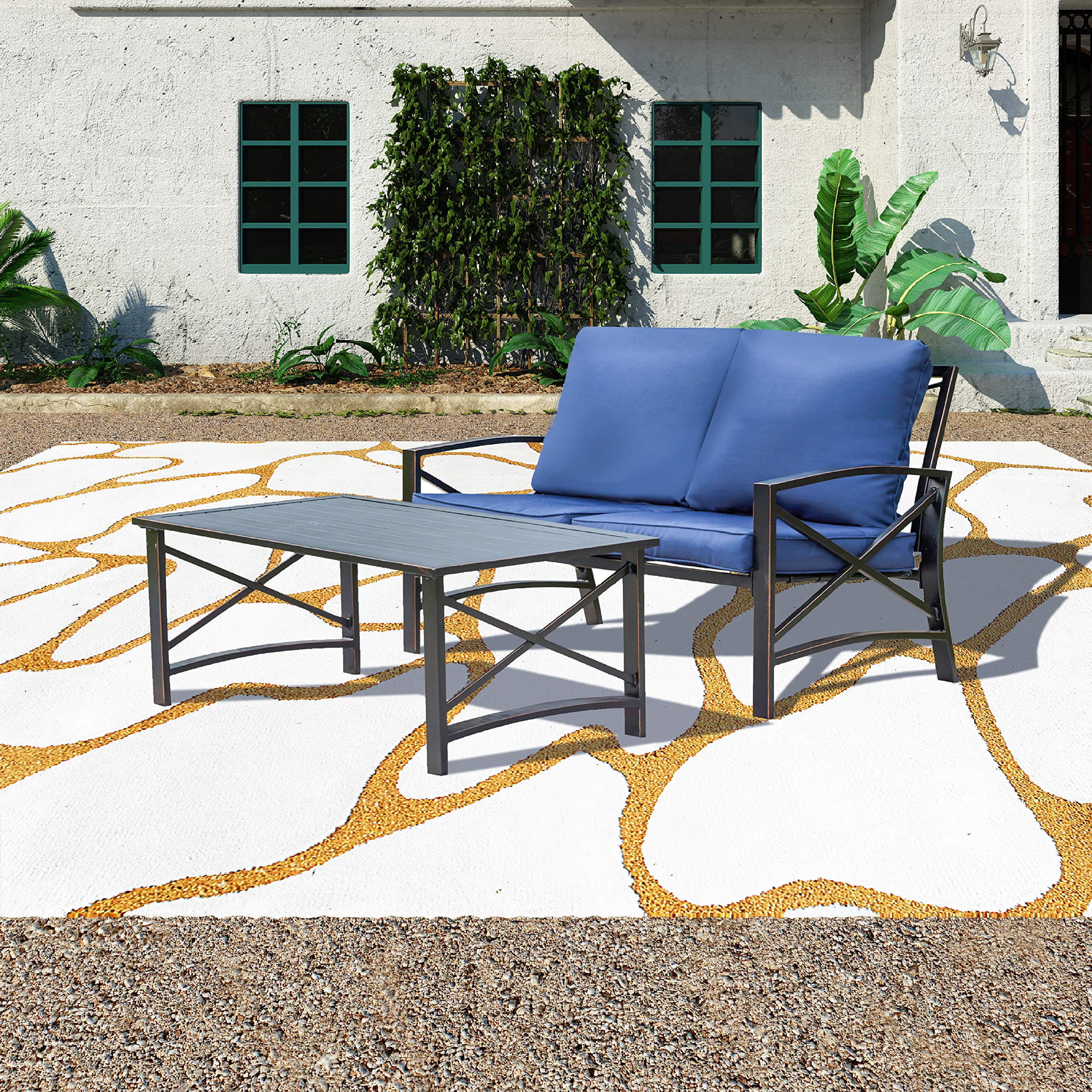 Modern Outdoor Patio Conversation Sectional Set - 2-Piece Loveseat with Cushions & Coffee Table, Durable Metal Frame - Perfect for Poolside, Backyard, Lawn or Garden Relaxation (Blue)