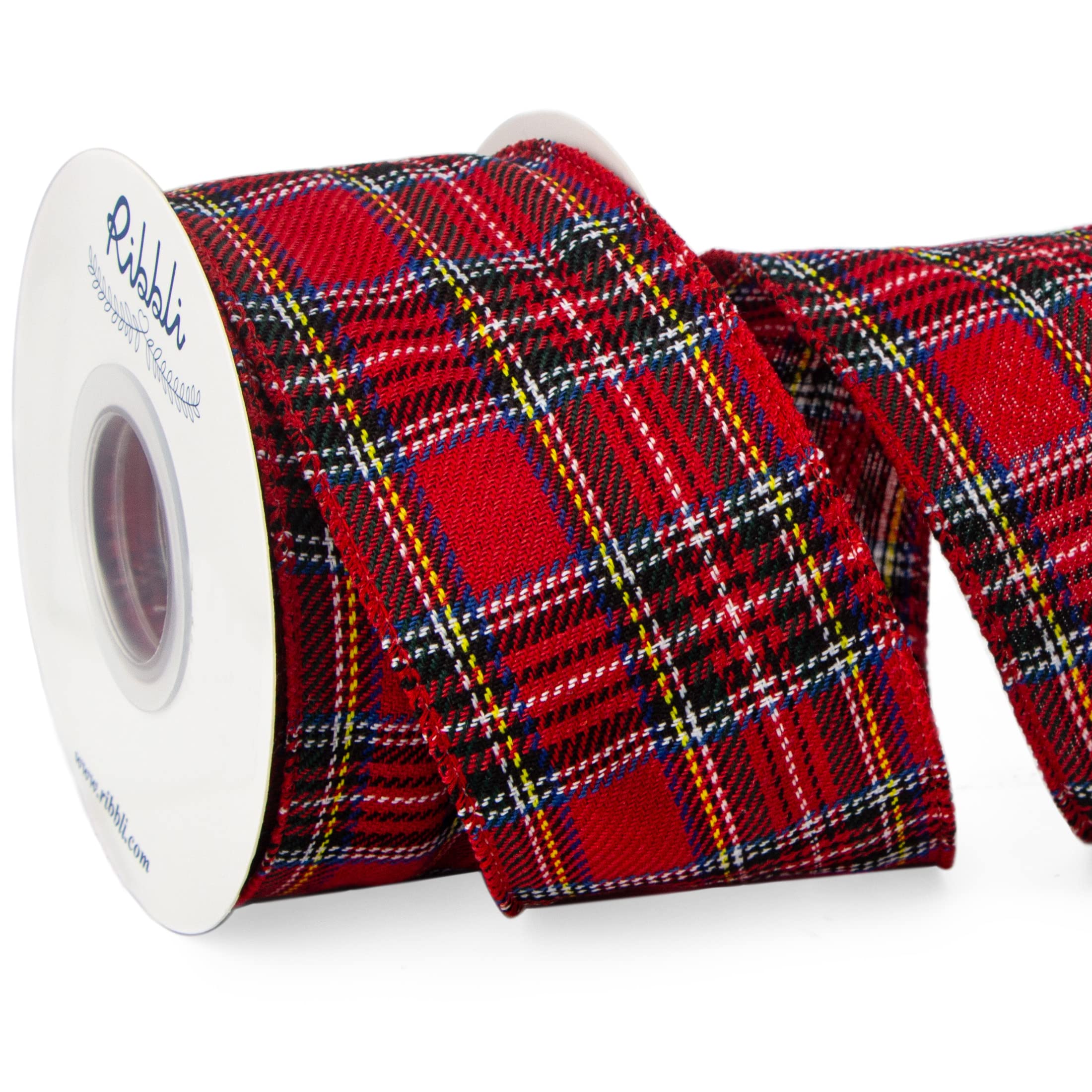 Ribbli Christmas Plaid Wired Ribbon - 2.5 Inch x 10 Yard Continuous Roll - Red/Blue/Yellow/White Polyester Gift Wrapping Ribbon for Presents, Bows, Wreaths & Holiday Decorations