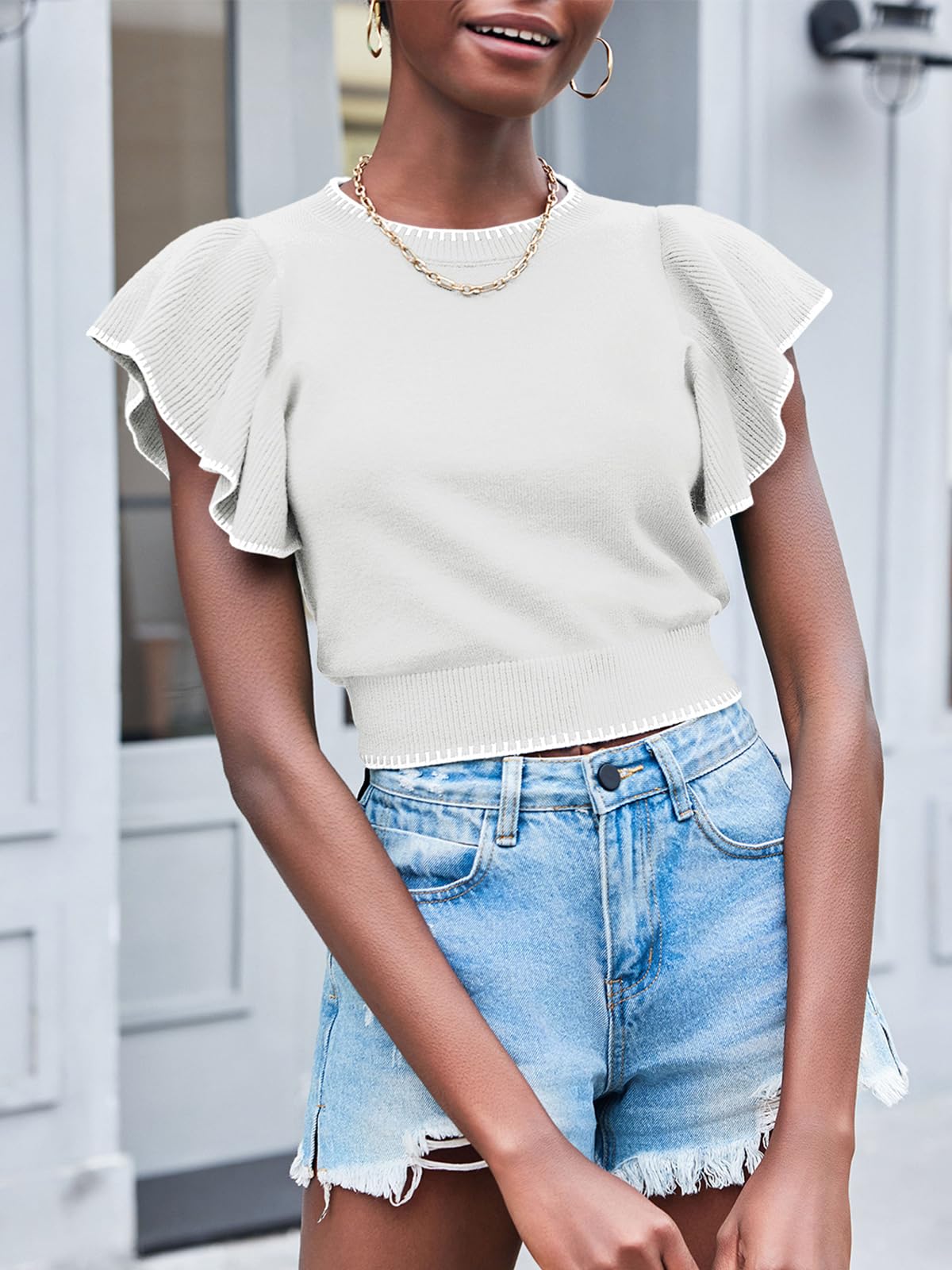 Saodimallsu Women's Summer Ruffle Sleeve Knit Crop Top - Lightweight Crew Neck Contrast Striped Cropped Sweater for Casual Outfits, Beachwear & Layering