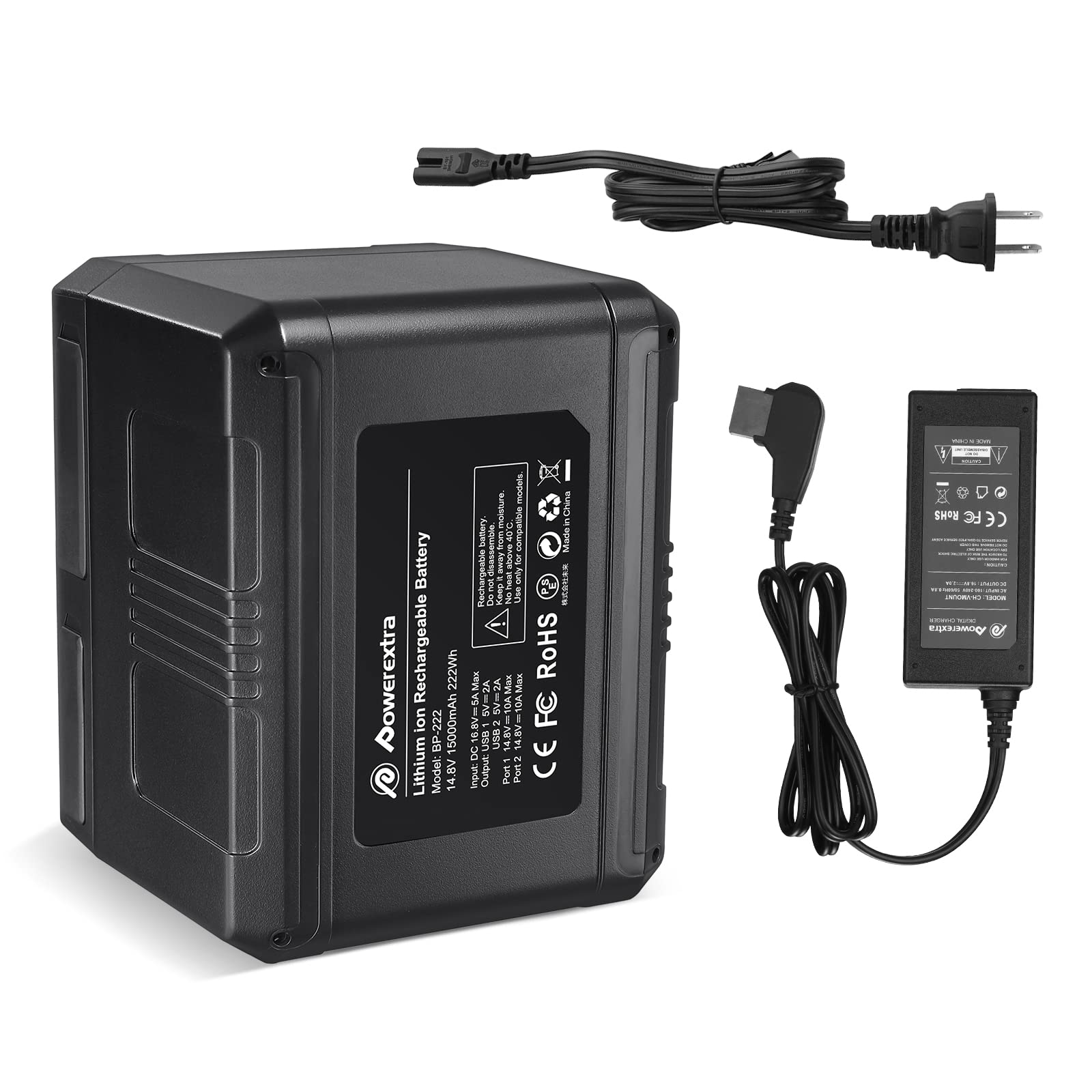 Powerextra V Mount V Lock Rechargeable Battery 222Wh 14.8V 15000mAh with D-Tap Charger & Cable - Compatible with Sony HDCAM XDCAM Digital Cinema Cameras - Perfect for Broadcast Video Camcorders Film Production and On-Location Shooting