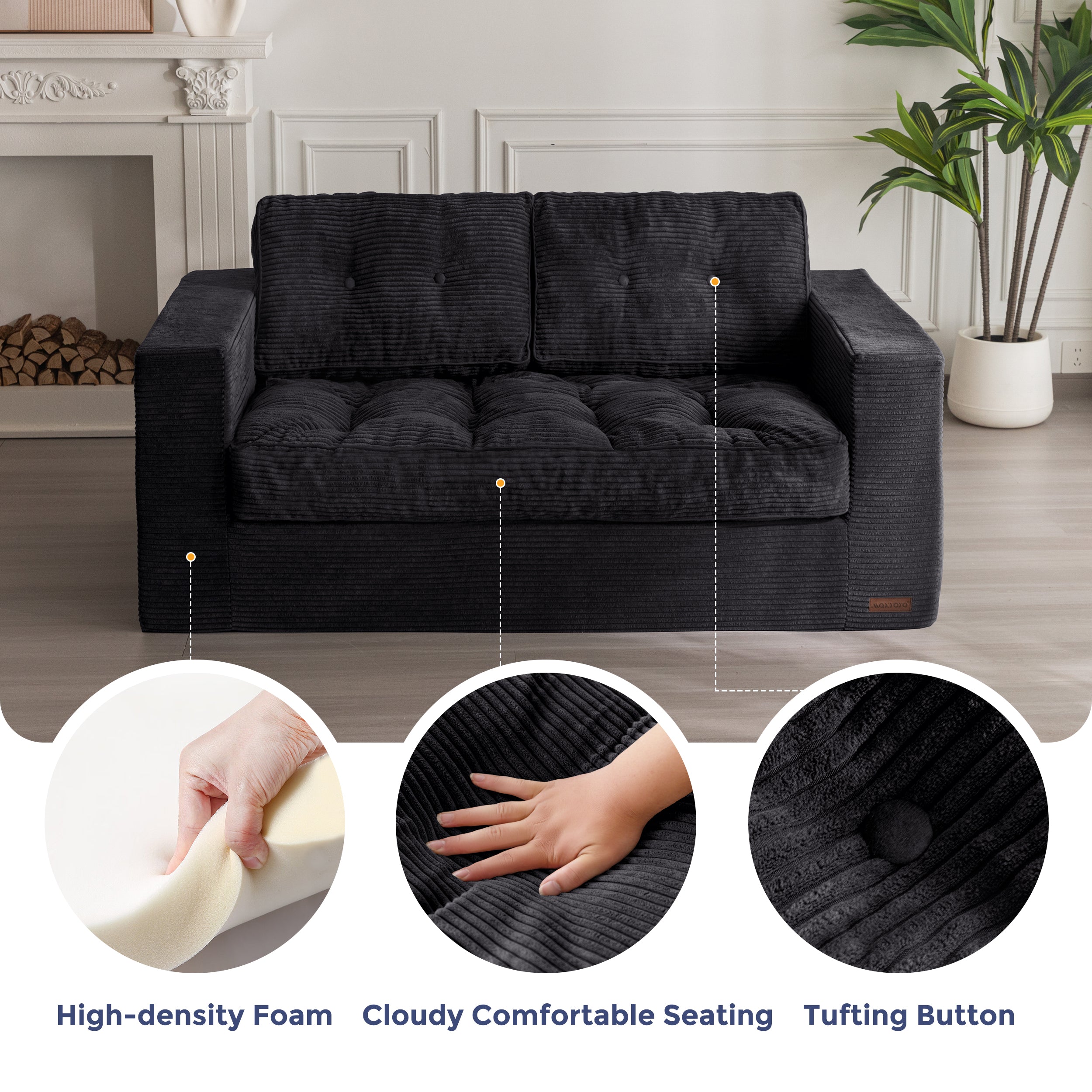 MAXYOYO Bean Bag Chair for Adults - Upholstered Floor Sofa with Armrests, Boneless Couch with Tufted Cushion & Backrest | Sofa in A Box for Living Room, Bedroom, Dorm | Perfect for Relaxing, Gaming & Movie Nights (Black)