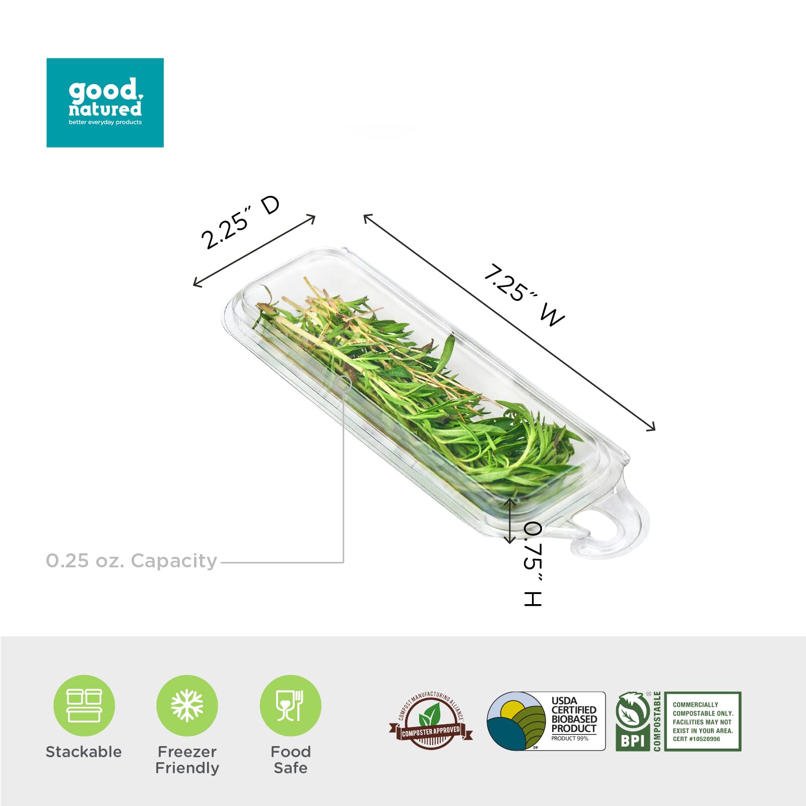 Good Natured 325-Pack 0.25 oz Hanging Fresh Herb Containers - 99% Plant-Based Clear BPA-Free Clamshell Packaging for Restaurants, Grocery Stores & Meal Prep