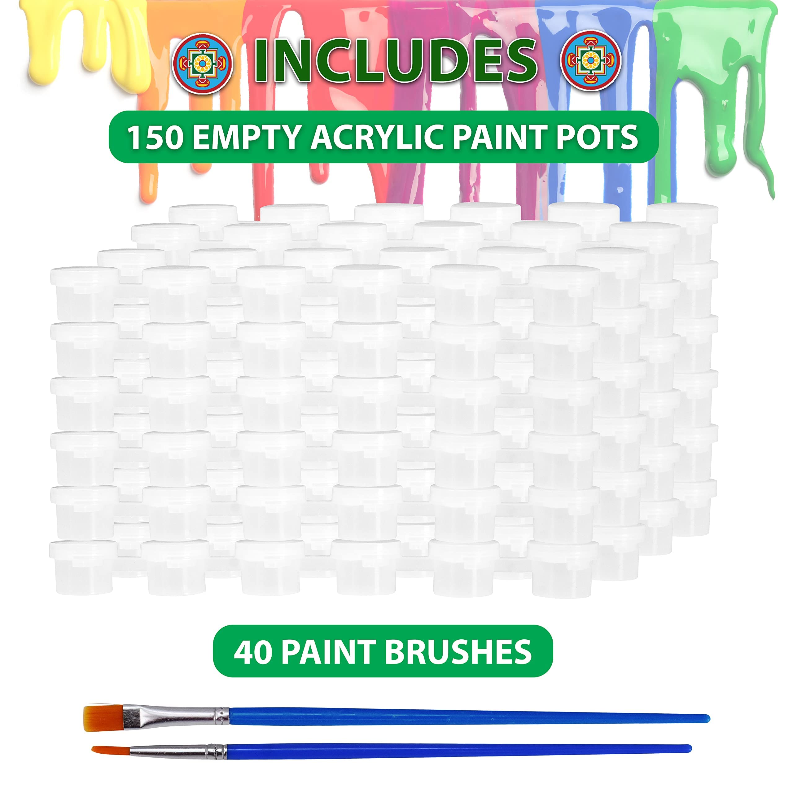 150 Pcs 3ml Empty Acrylic Paint Pots with Lids - 25 Mini Paint Pot Strips & 40 Brushes - Clear Plastic Paint Containers for Art, DIY Crafts, Nail Art, Model Painting & School Projects