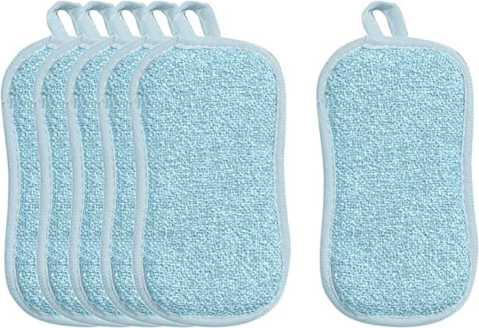 6-Pack Thickened Double-Sided Dish Sponge Scrubber - Heavy Duty Kitchen Cleaning Scouring Pads for Dishes, Pots & Pans - Reusable Dishwashing Cloths with Scrub Brush (Blue) - Perfect for Daily Kitchen Cleaning & Tough Stain Removal