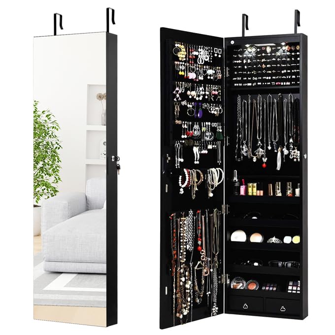 Black Jewelry Armoire with LED Lights & Drawers - Bedroom Storage Organizer for Necklaces & Rings
