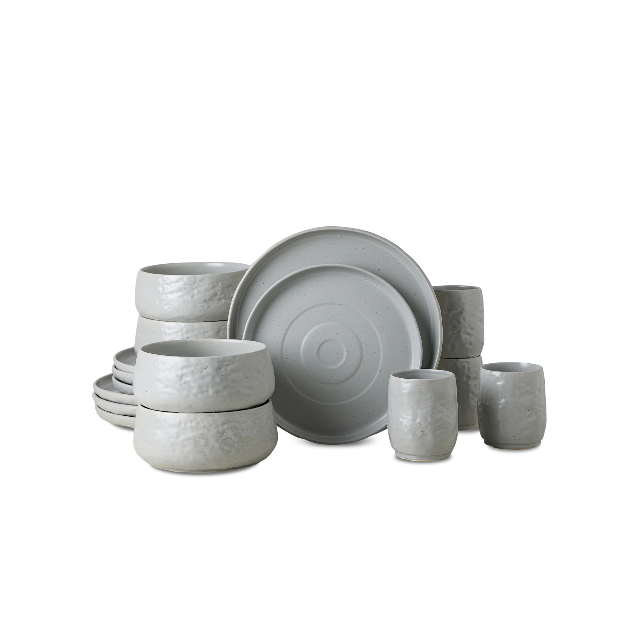 Mercer Project SHOSAI 16-Piece Stoneware Dinnerware Set - Modern Grey Speckled Plates & Bowls for 4 | Durable Stoneware Dishware for Everyday Dining, Dinner Parties & Restaurant Use