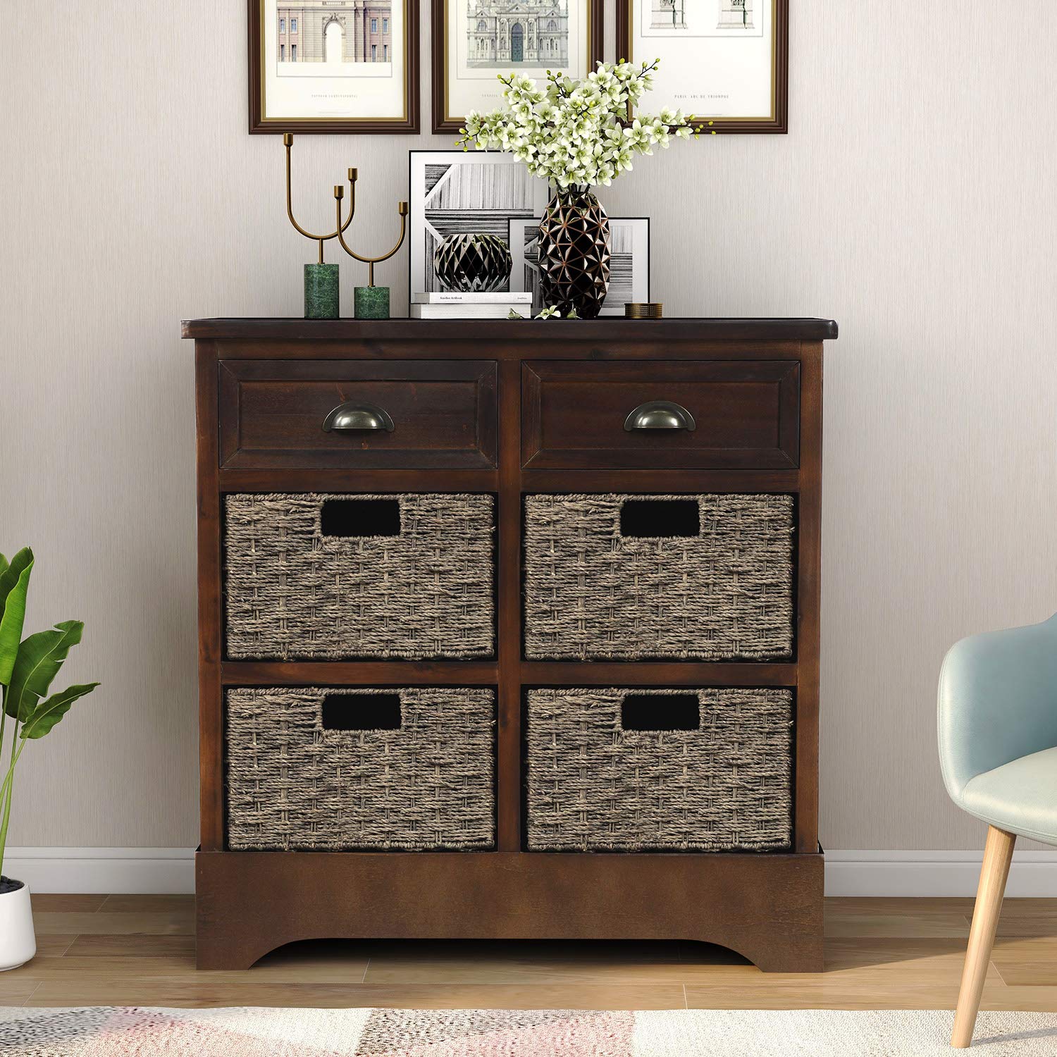 Red Brown Wood Storage Chest with 2 Drawers & 4 Baskets, Entryway Cabinet/Side Table for Living Room, Dining Room, Bedroom, or Hallway Organization