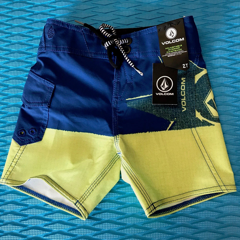 Volcom Lido Block Mod Boardshorts - Quick-Dry Swim Trunks for Men, Blue & Yellow Stripe Design - Perfect for Beach, Pool, Surfing & Summer Activities