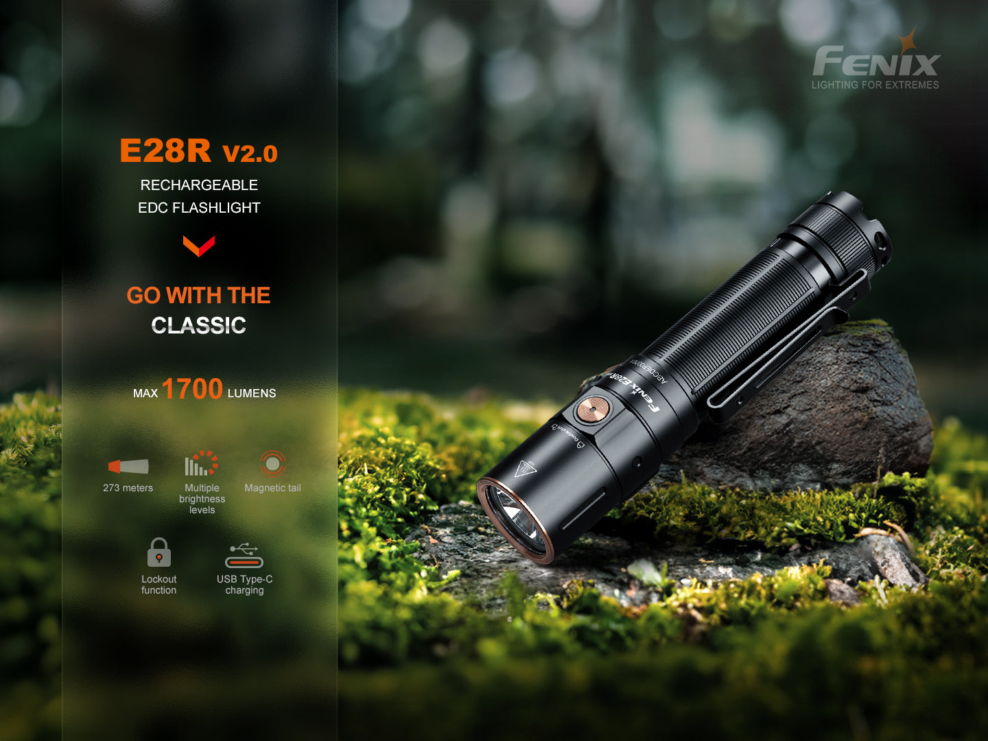 Fenix E28R V2 Rechargeable Flashlight - 1500 Lumens, USB-C Charging, Compact EDC Light for Camping, Hiking & Emergency Use