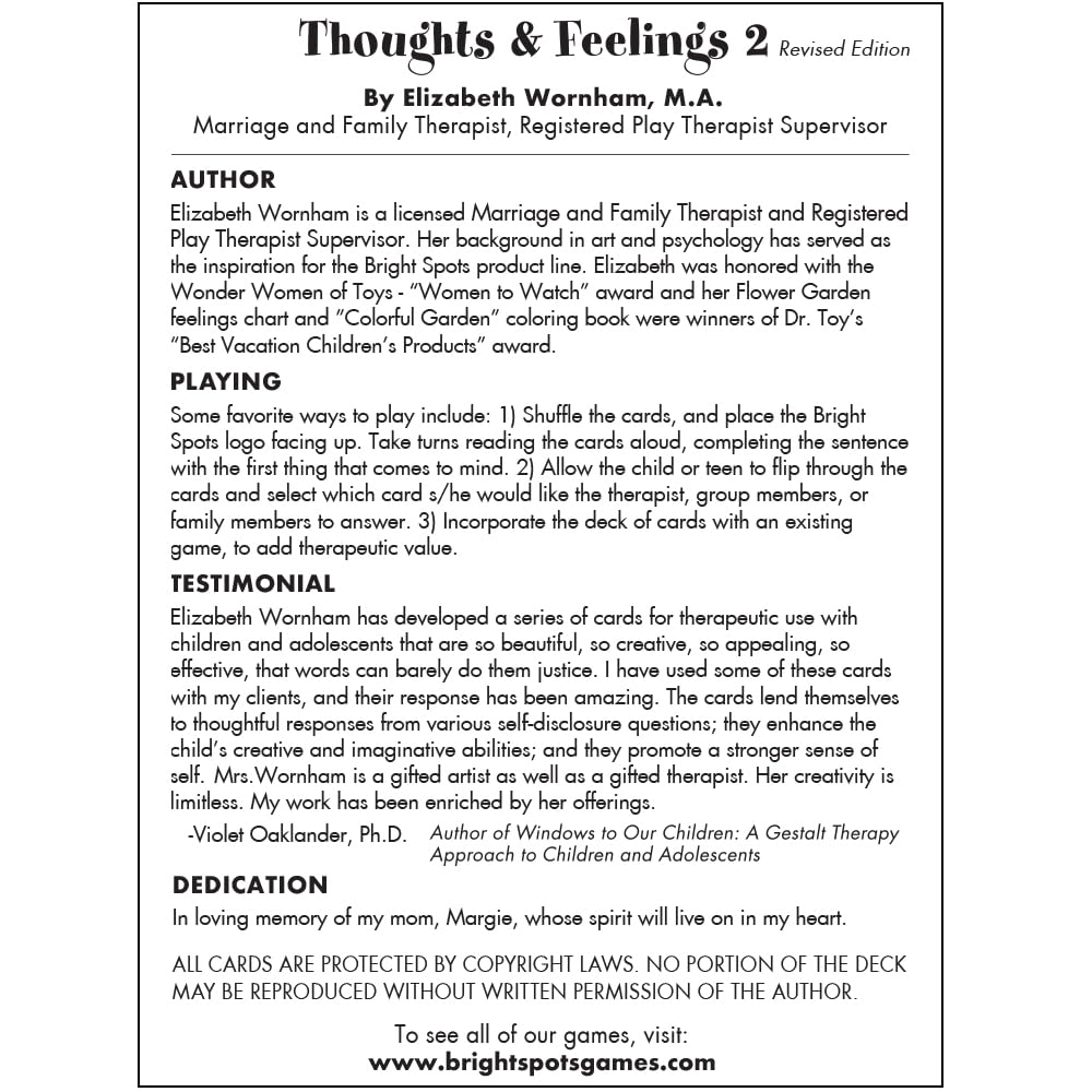Bright Spots Thoughts & Feelings 2: Sentence Completion Therapy Card Game for Adults - Emotional Wellness, Self-Reflection & Group Counseling Activities