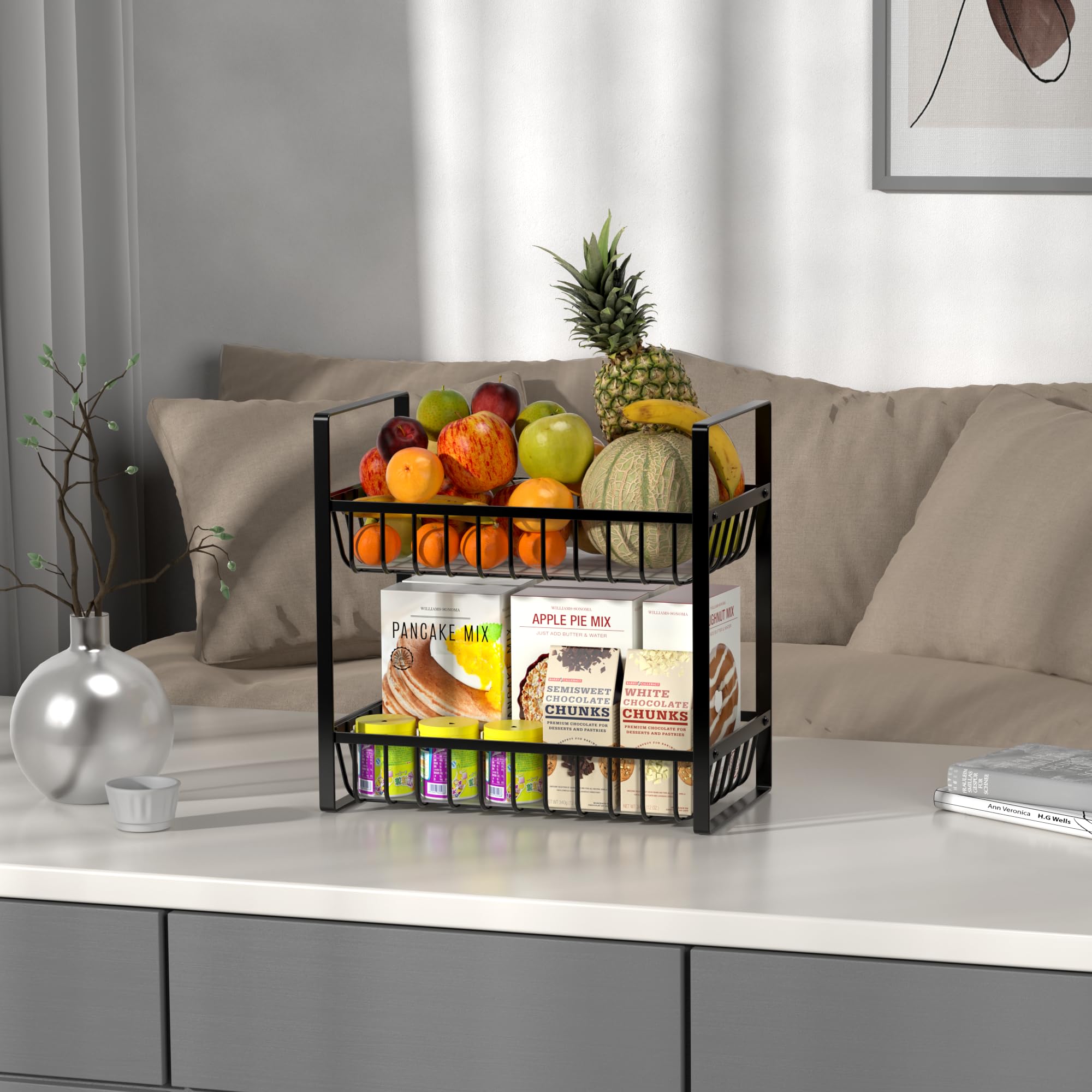 2-Tier Heavy Duty Metal Fruit Basket for Kitchen Counter - Fruit Bowl & Organizer for Onion, Bread, Snack Storage with Liners | Perfect for Dining Table, Pantry & Kitchen Countertop Decor