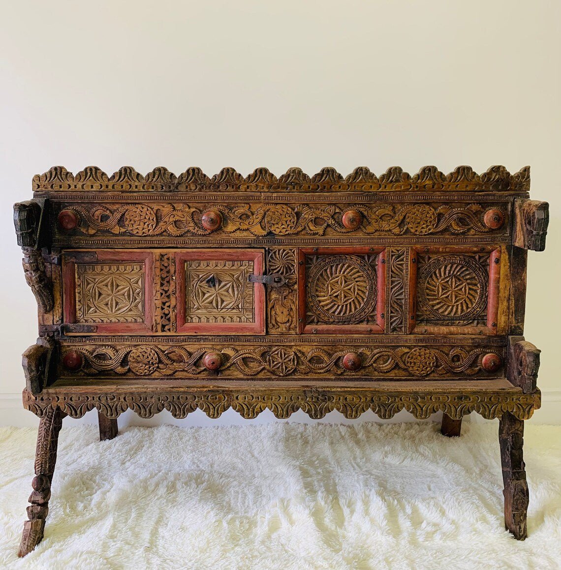 Hand Carved Rustic Wooden Indian Sideboard - Hope Chest & Dowry Storage - Traditional Damchiya for Home Decor & Wedding Gifts | Perfect for Bedroom, Living Room & Cultural Celebrations