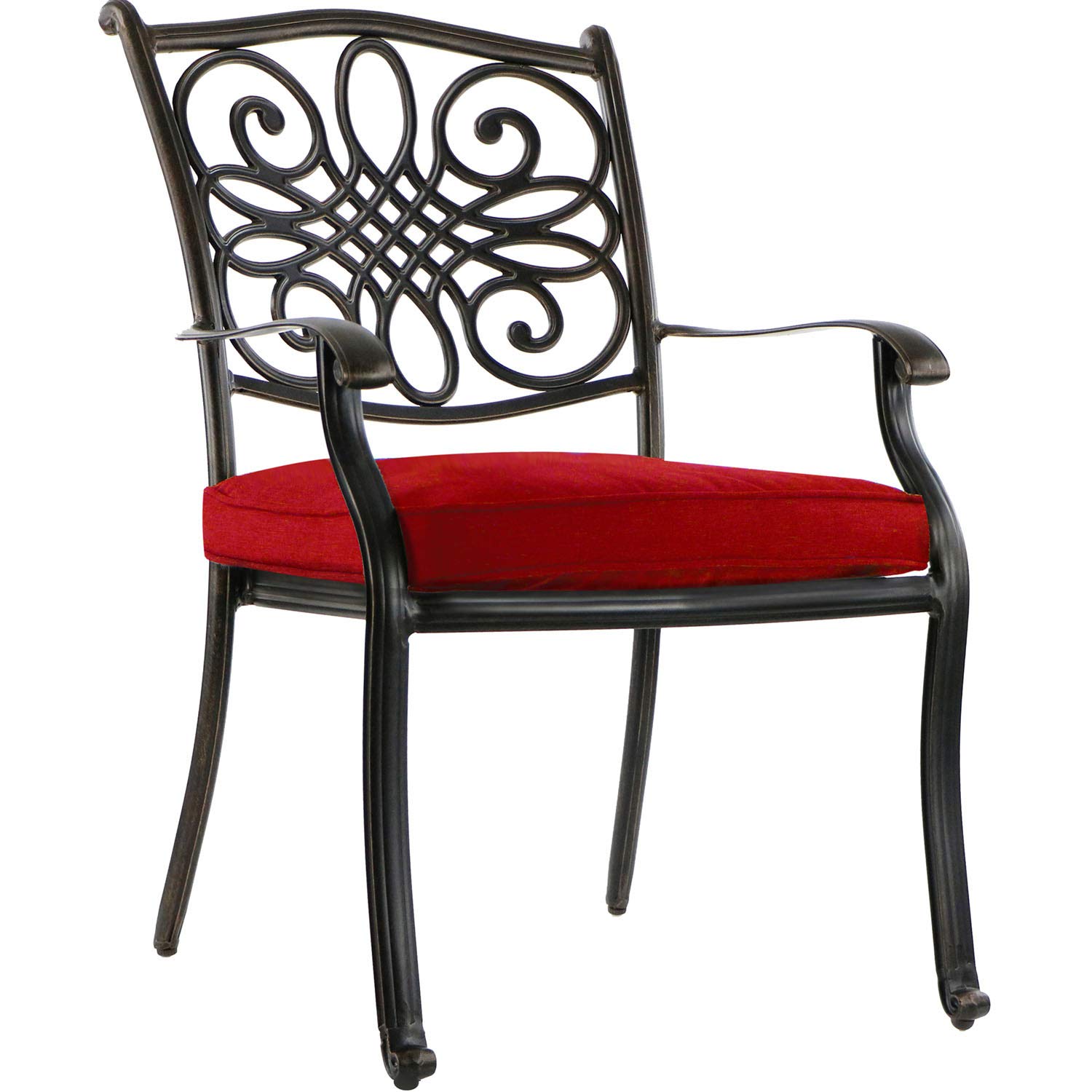Hanover Traditions 7-Piece Cast Aluminum Outdoor Dining Set with 4 Stationary Chairs & 2 Swivel Rockers - Brushed Bronze Finish, Red Cushions, Rust-Resistant - Perfect for Patio, Garden, Backyard and Poolside Entertaining