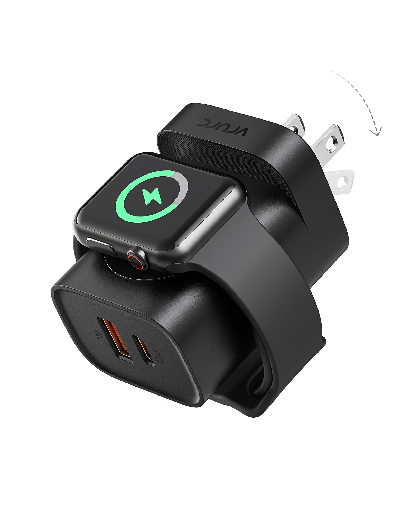 VRURC 3-in-1 Magnetic Wireless Charger for Apple Watch Ultra/SE/10/9/8/7/6/5/4/3/2/1, iPhone 16/15/14/13 & Android - 20W PD Fast Charging, Portable Travel Charging Block (Black) | Perfect for Home, Office & Travel Use