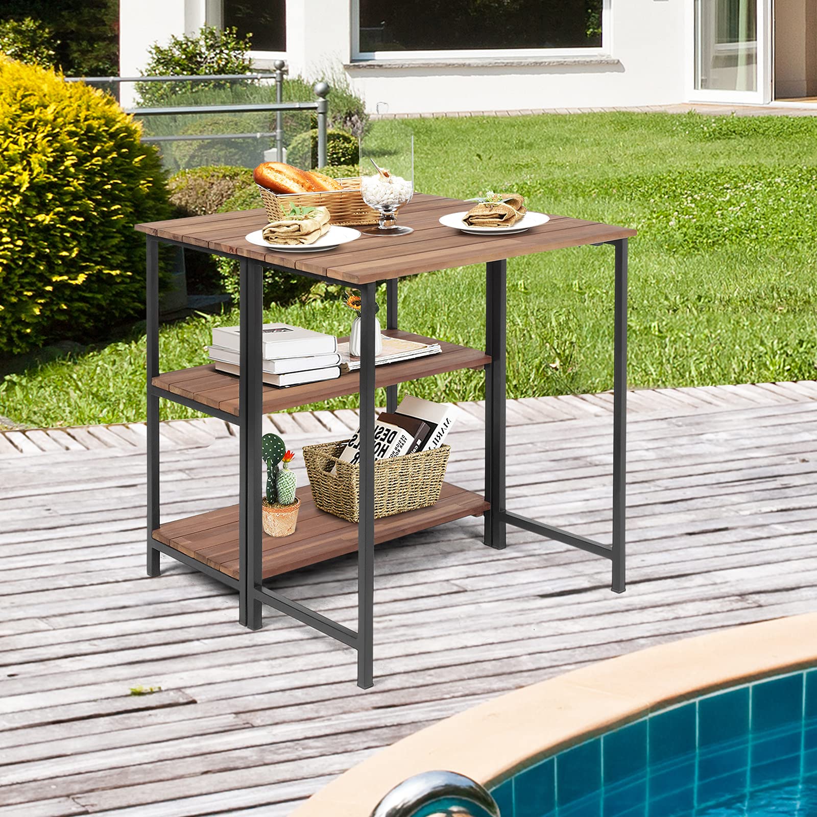 HAPPYGRILL Folding Kitchen Table - Microwave Stand with 2 Storage Shelves, Sturdy Steel Frame & Acacia Wood Top - Perfect for Small Spaces, Baking, Cooking & Kitchen Organization