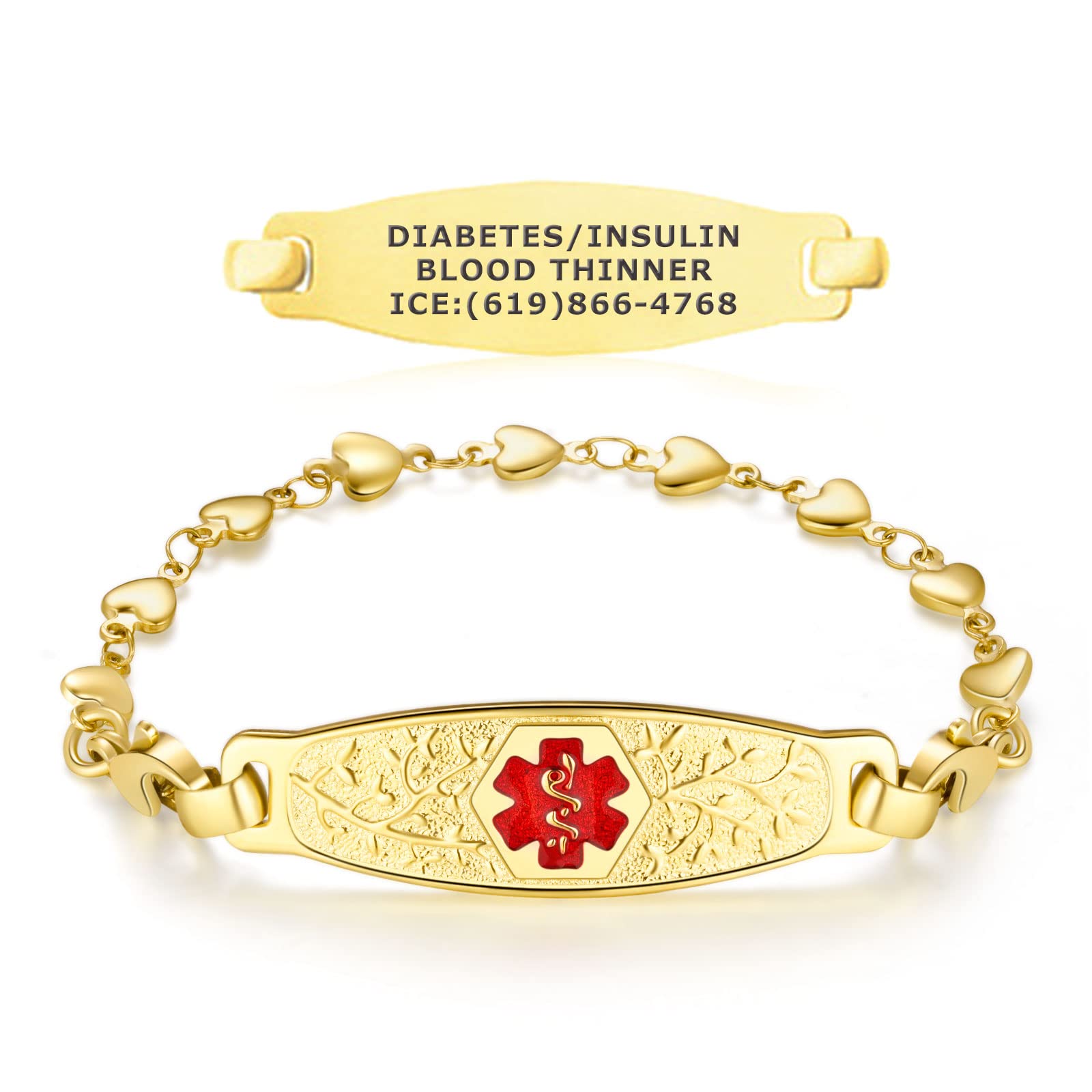 Divoti Custom Engraved Medical Alert Bracelets for Women - Personalized Medical ID Bracelet with Free Engraving - Elegant PVD Rose Gold/Gold Olive Tag with Heart Link Charm - Adjustable Size for All Wrists - Perfect for Emergency Medical Identification & Everyday Fashion Accessory