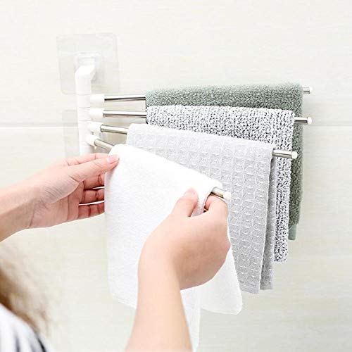 FLBAKO Stainless Steel Self-Adhesive 4-Arm Swing Hanger Towel Rack Holder - Rustproof Wall Mounted Organizer for Kitchen, Bathroom, Laundry Room - Perfect for Hanging Towels, Robes, and Utensils