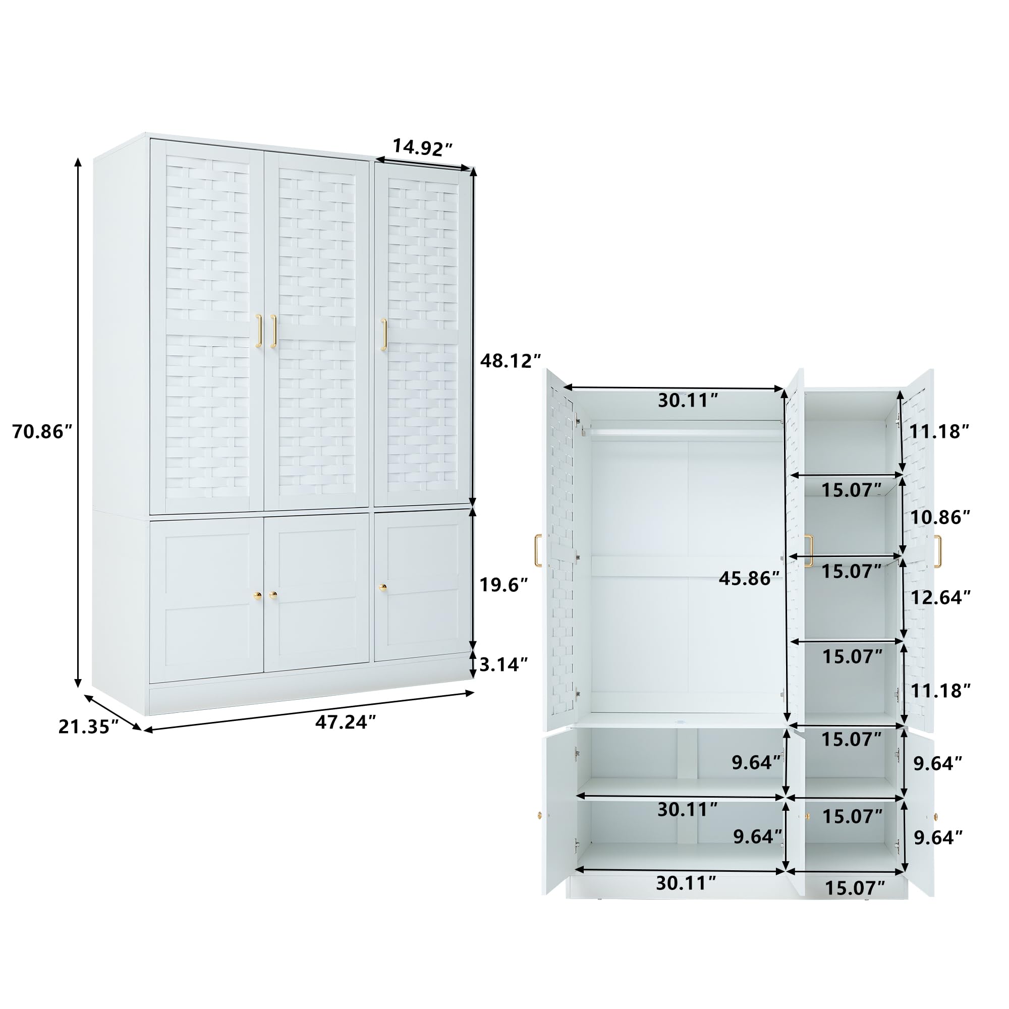 Large White Wooden Armoire Wardrobe with 6 Woven Doors, 8 Shelves & Metal Handles - Spacious Storage Cabinet with Hanging Rod for Bedroom, Closet or Living Room Organization