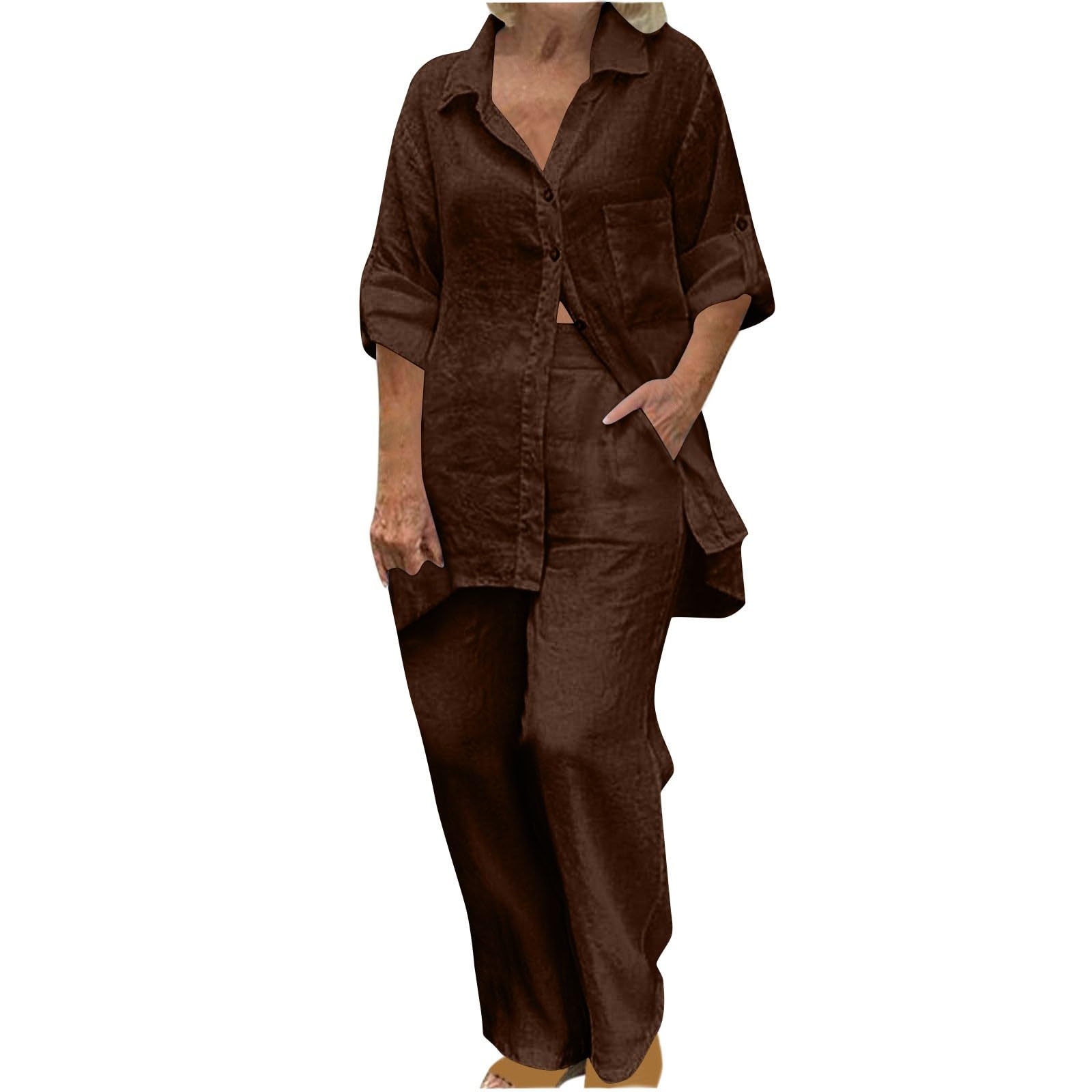 2 Piece Linen Outfits for Women - Summer Button Down Shirts & Pants Set - Lightweight Casual Lounge Wear - Comfy Going Out Clothes 2024 - Perfect for Beach Vacations, Brunch Dates & Relaxing at Home