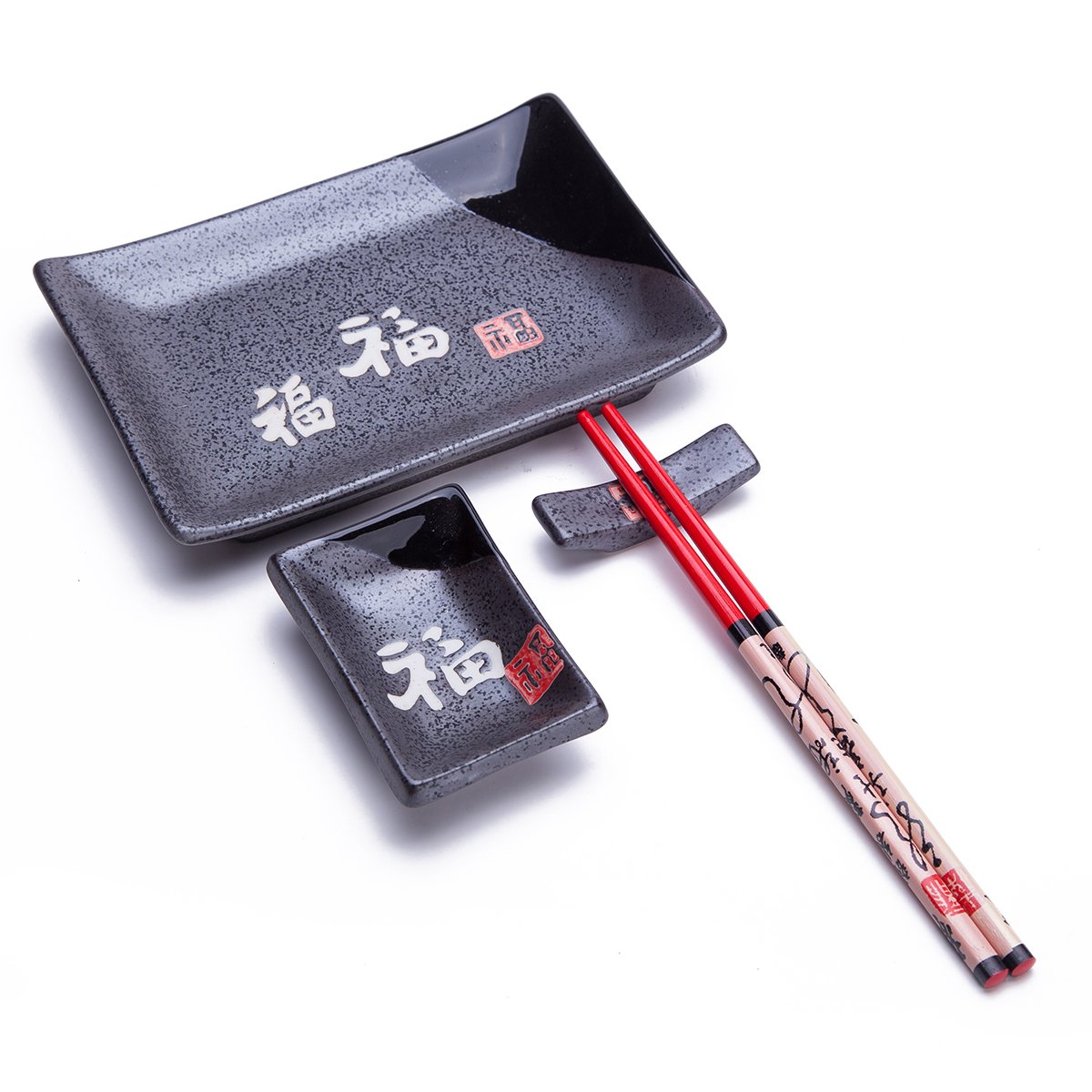 4-Piece Japanese Sushi Plate Set - Black Ceramic Dinnerware with Traditional Chinese 