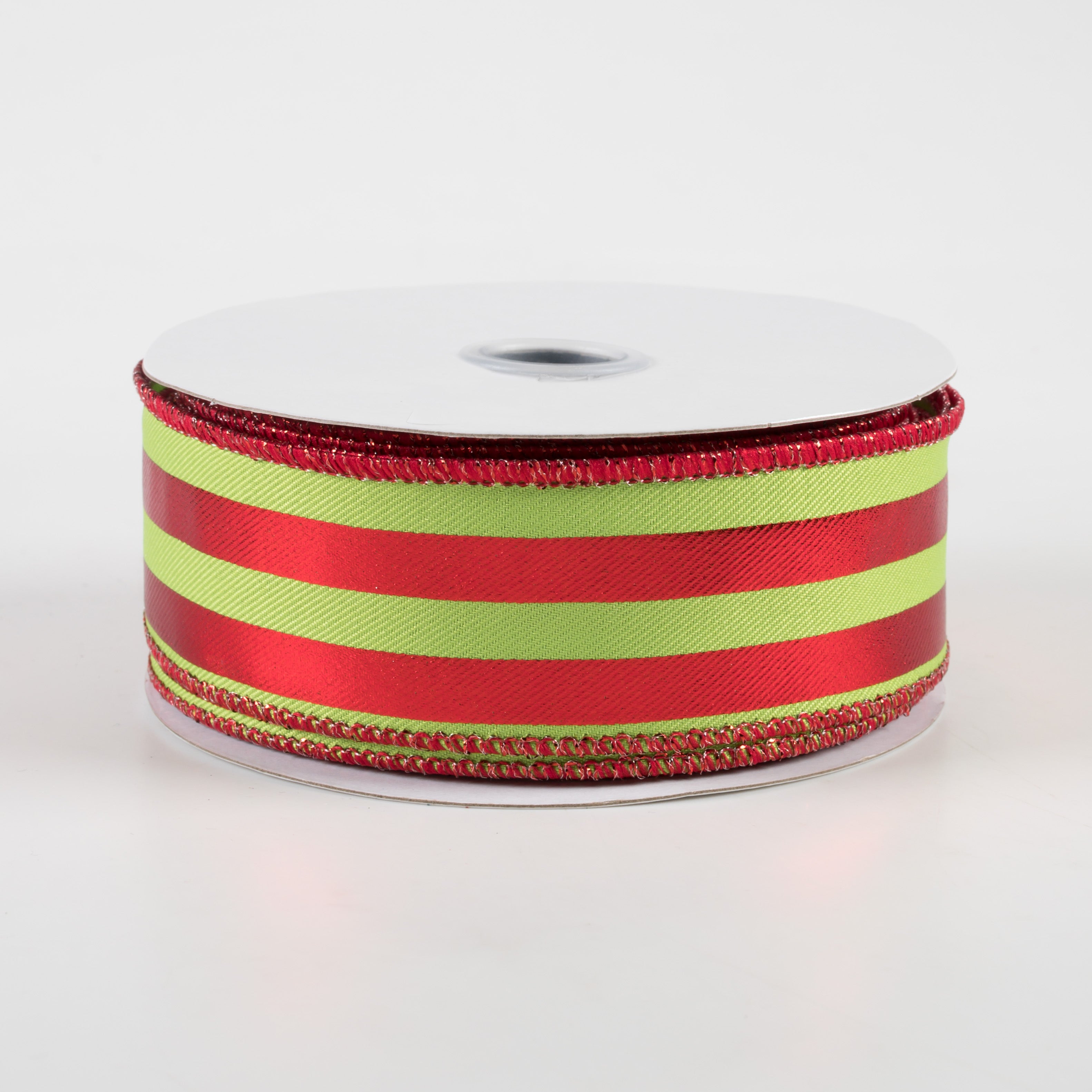 1.5 Inch Metallic Vertical Stripes Ribbon - Lime Green & Red Decorative Ribbon (10 Yards) for Gift Wrapping, DIY Crafts, Party Decorations and Scrapbooking