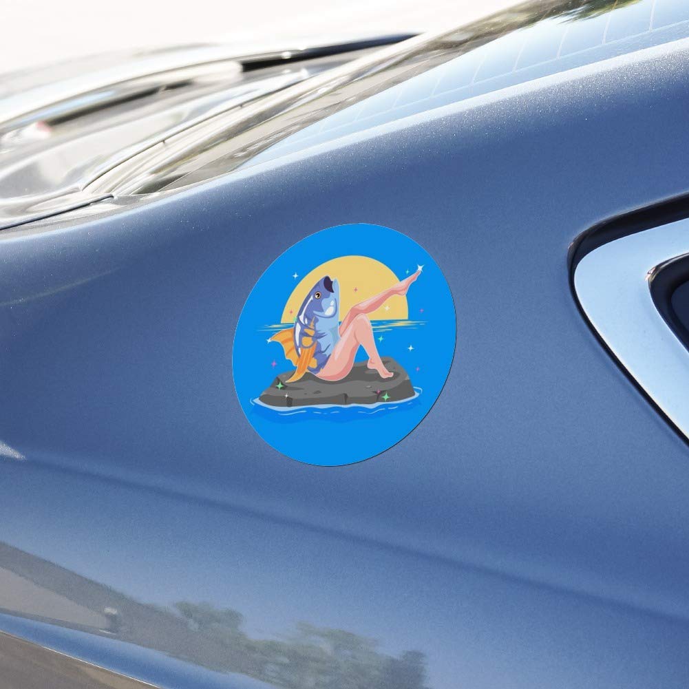 Funny Reverse Mermaid with Tuna Head Car Fridge Magnet - Vinyl Circle Decorative Magnet for Automotive Refrigerators, Lockers & Metal Surfaces - Perfect for Home, Office & Gifts