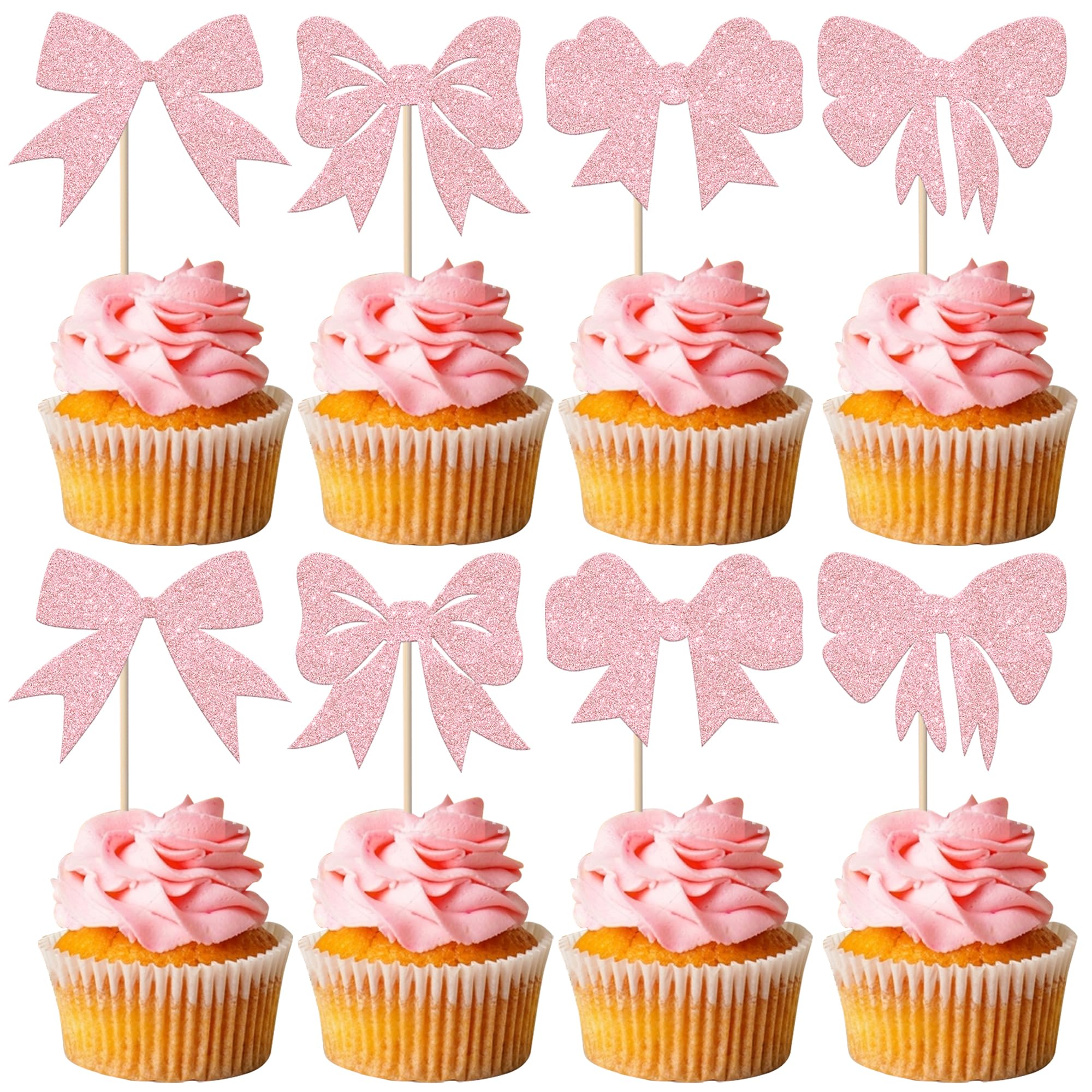 24 Pack Pink Bow Cupcake Toppers - Elegant Bowknot Cupcake Picks for Bridal, Baby Shower, Girls Birthday & Wedding Party Decorations | Perfect for Cake Decor, Dessert Table & Themed Celebrations
