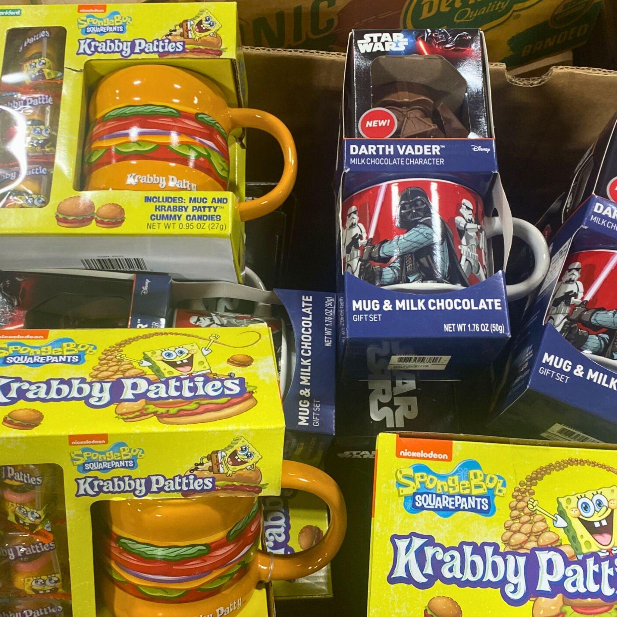 Krabby Patties Mug & Gummy Candies, Star Wars Mug & Milk Chocolate Gift Set - 15 Piece Collectible Coffee Cup Bundle for Fans, Office Use & Movie Night Snacking
