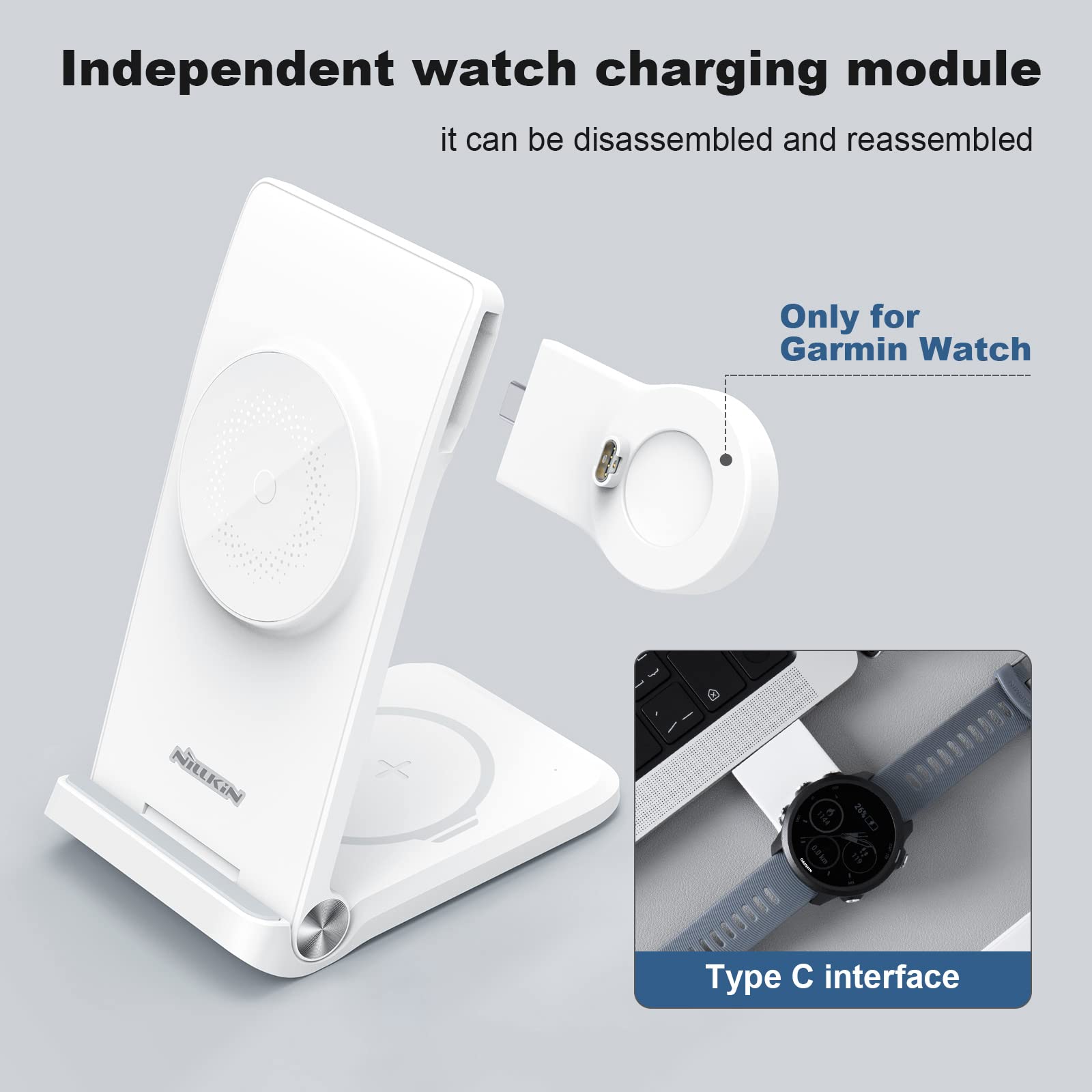 Nillkin 3-in-1 Foldable Magsafe Wireless Charging Station for Garmin Watch (Instinct Fenix 7/7S, Forerunner 245/745/945, Vivoactive) & iPhone 16/15/14/13/12 & AirPods 2/3/Pro - Portable Travel Charger Stand for Home, Office, and Car Use