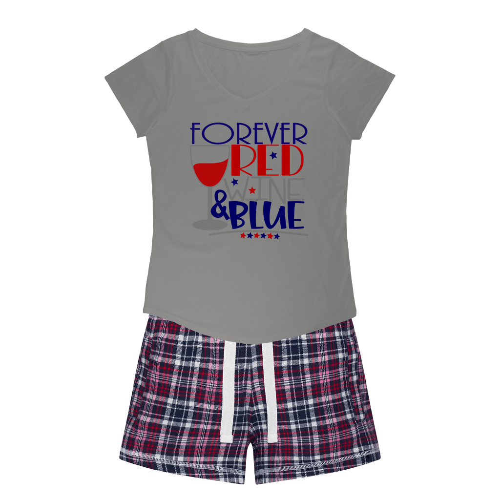 Forever Red Wine Blue Girls Sleepy Tee and Flannel Short Set - Comfortable Women's Lounge Pajamas for Sleepovers & Relaxing at Home